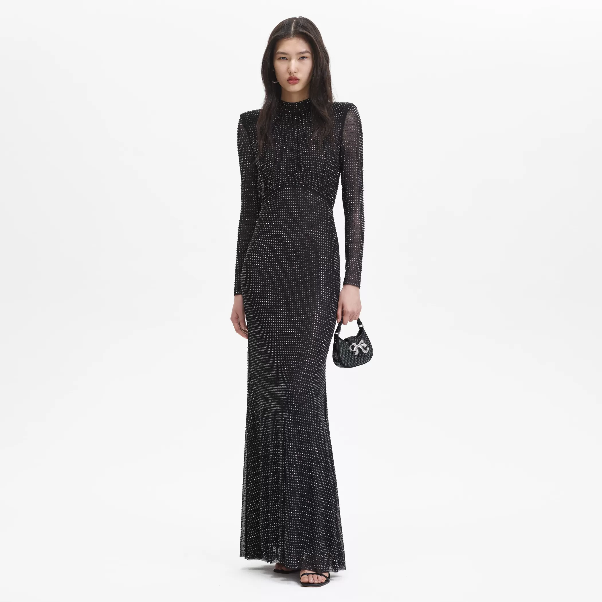 Self-Portrait > Black Rhinestone Mesh Long Sleeve Maxi Dress