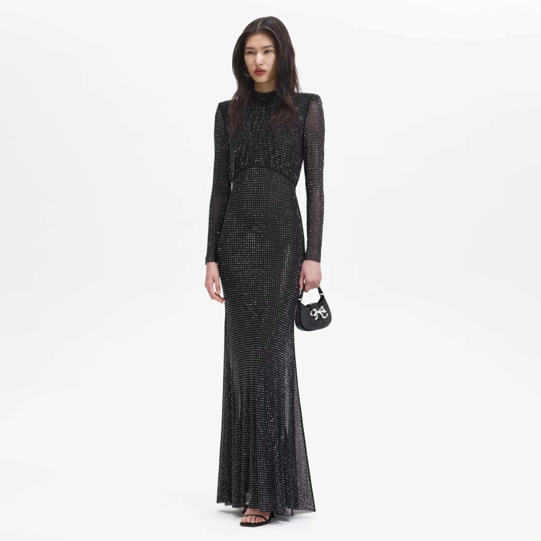 Self-Portrait > Black Rhinestone Mesh Long Sleeve Maxi Dress