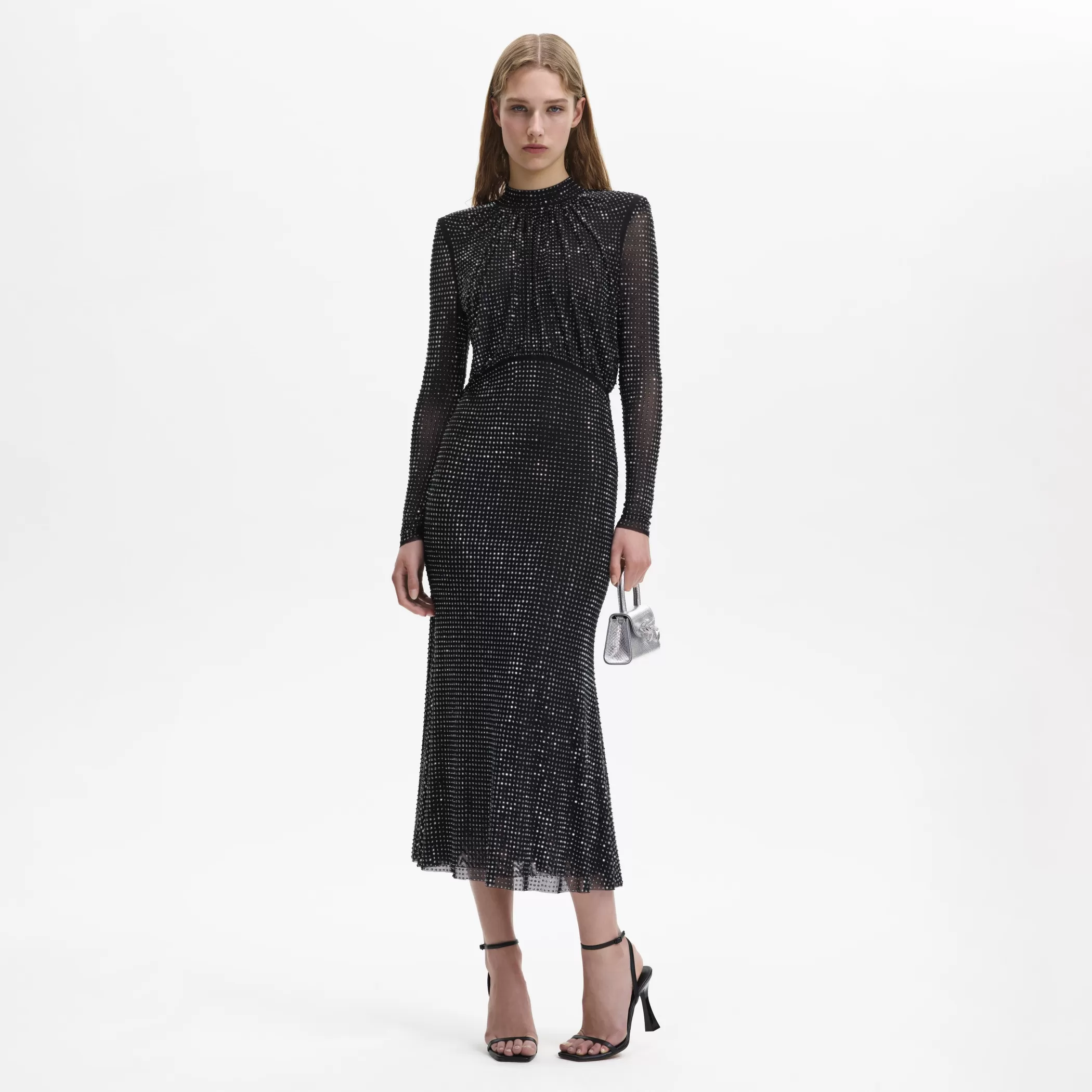 Self-Portrait > Black Rhinestone Mesh Long Sleeve Midi Dress