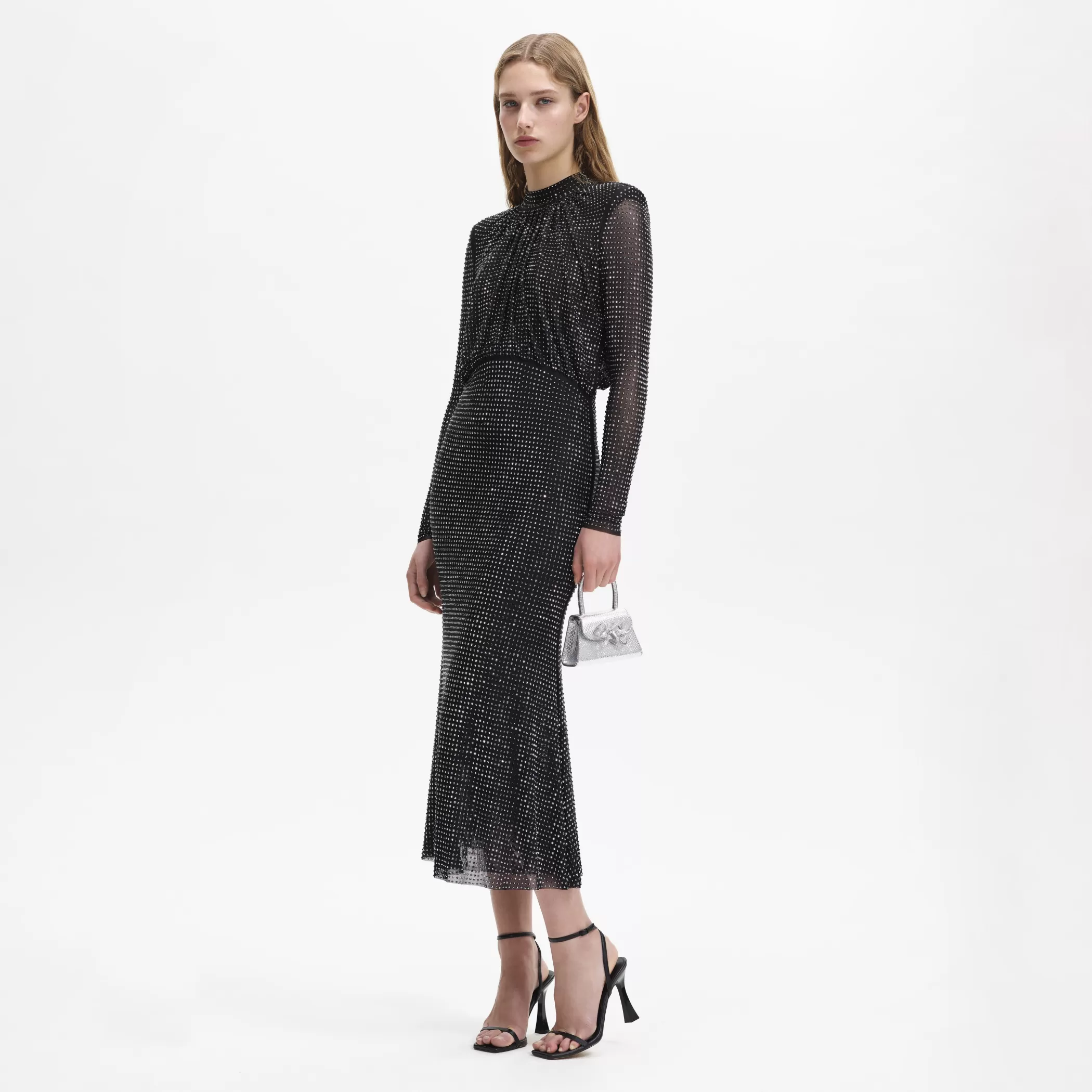 Self-Portrait > Black Rhinestone Mesh Long Sleeve Midi Dress