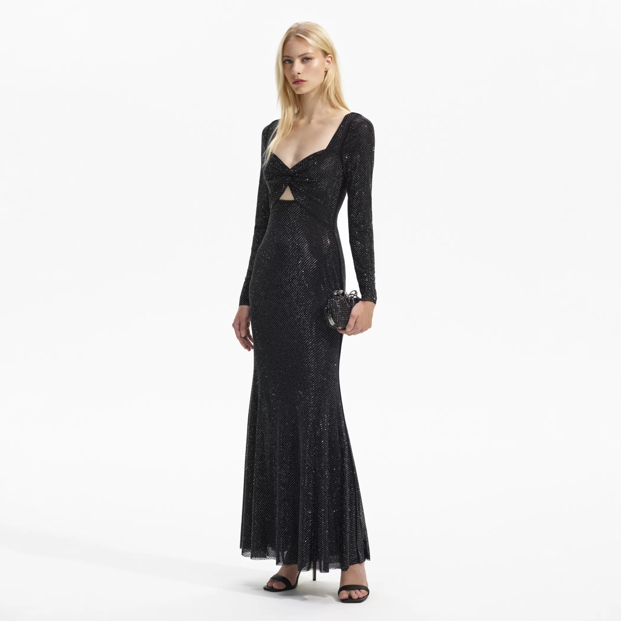 Self-Portrait > Black Rhinestone Mesh Sweetheart Midi Dress