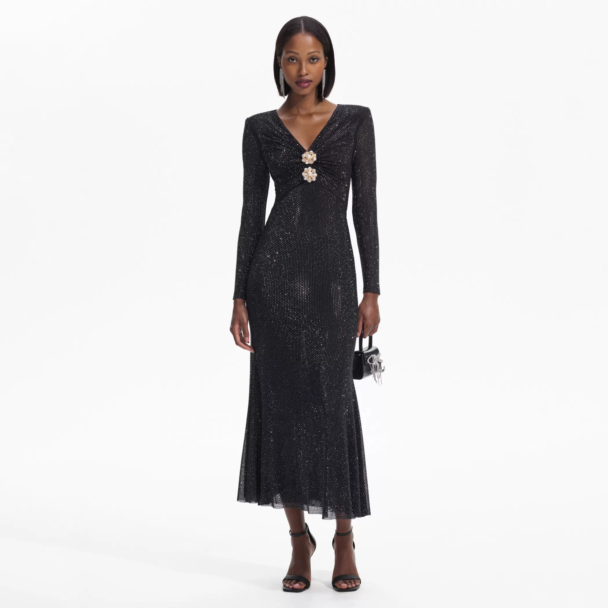 Self-Portrait > Black Rhinestone Mesh V-Neck Midi Dress