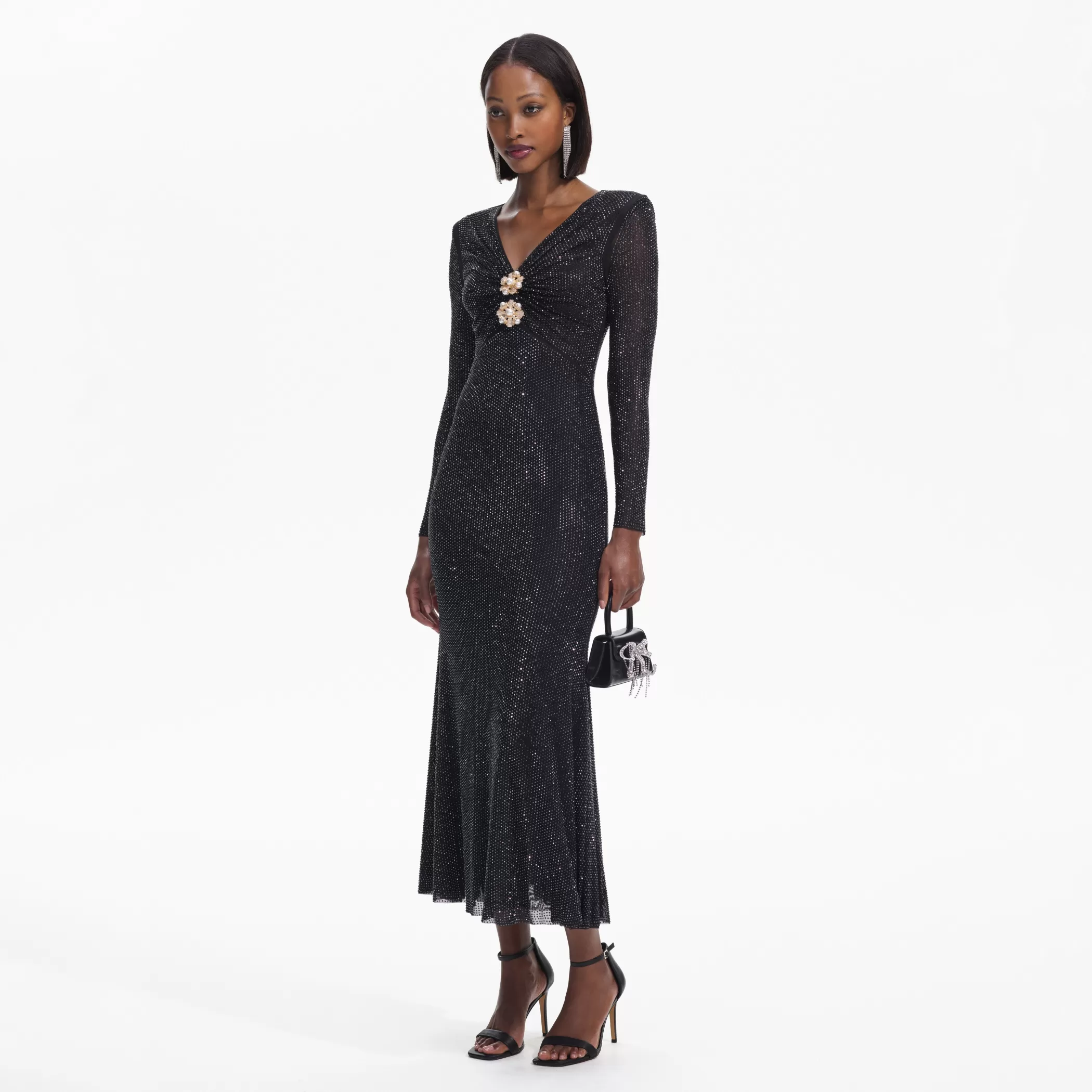 Self-Portrait > Black Rhinestone Mesh V-Neck Midi Dress