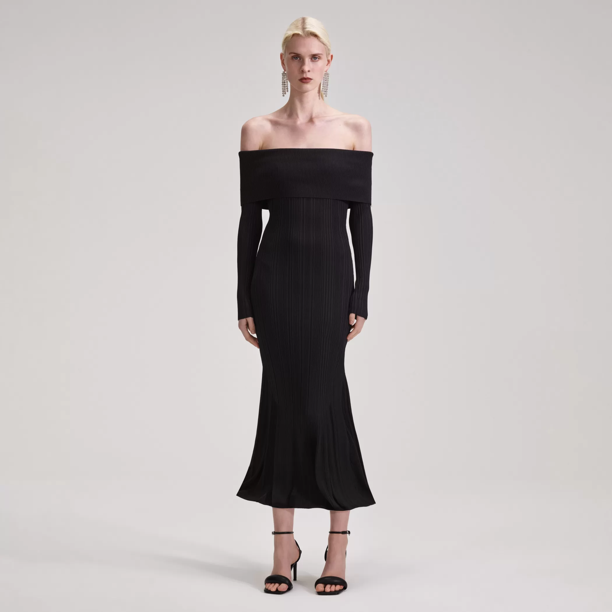 Self-Portrait > Black Ribbed Knit Midi Dress