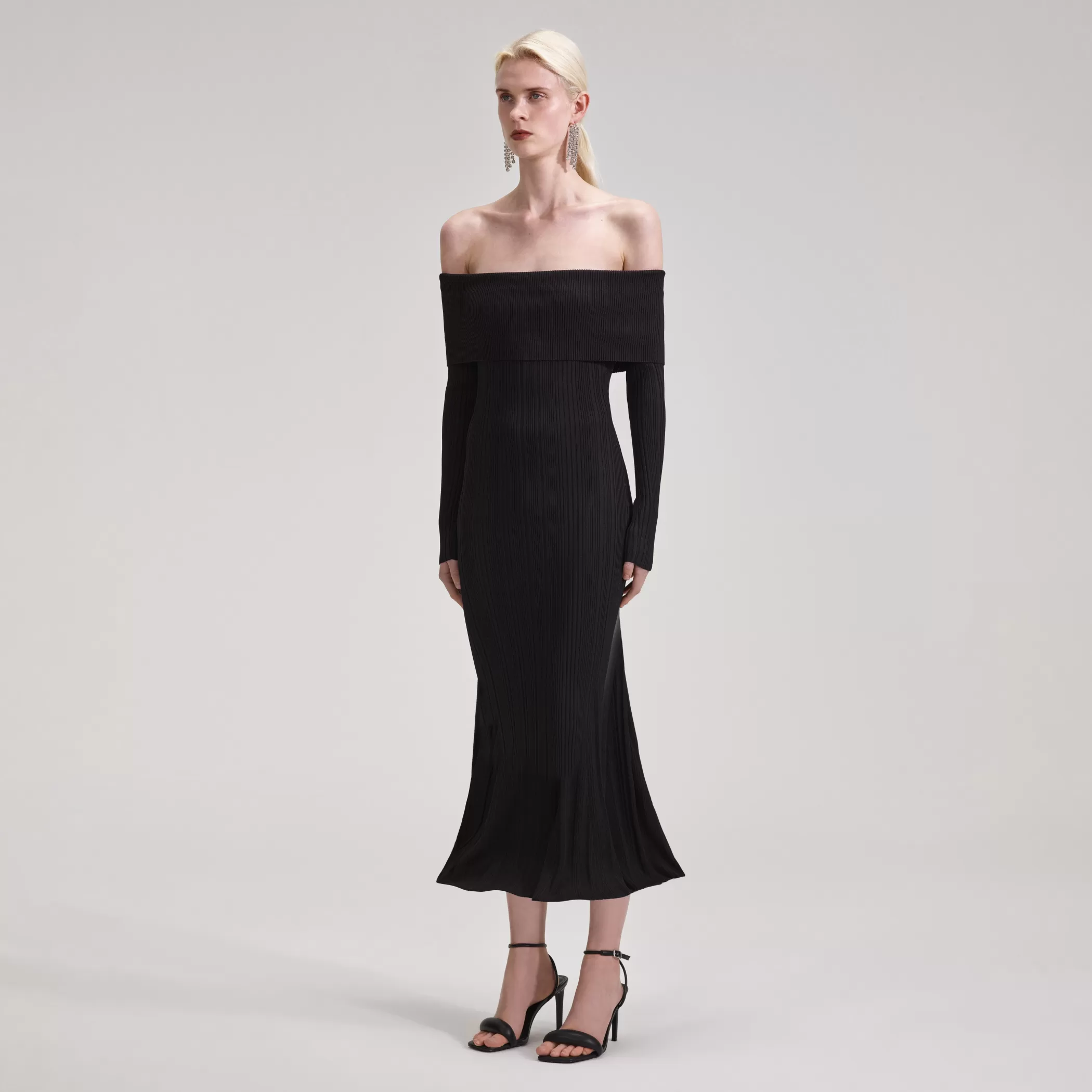 Self-Portrait > Black Ribbed Knit Midi Dress