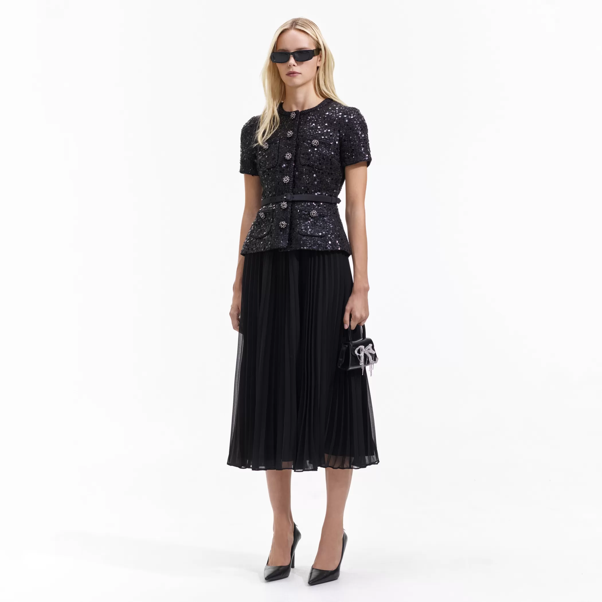 Self-Portrait > Black Sequin Boucle Tailored Midi Dress