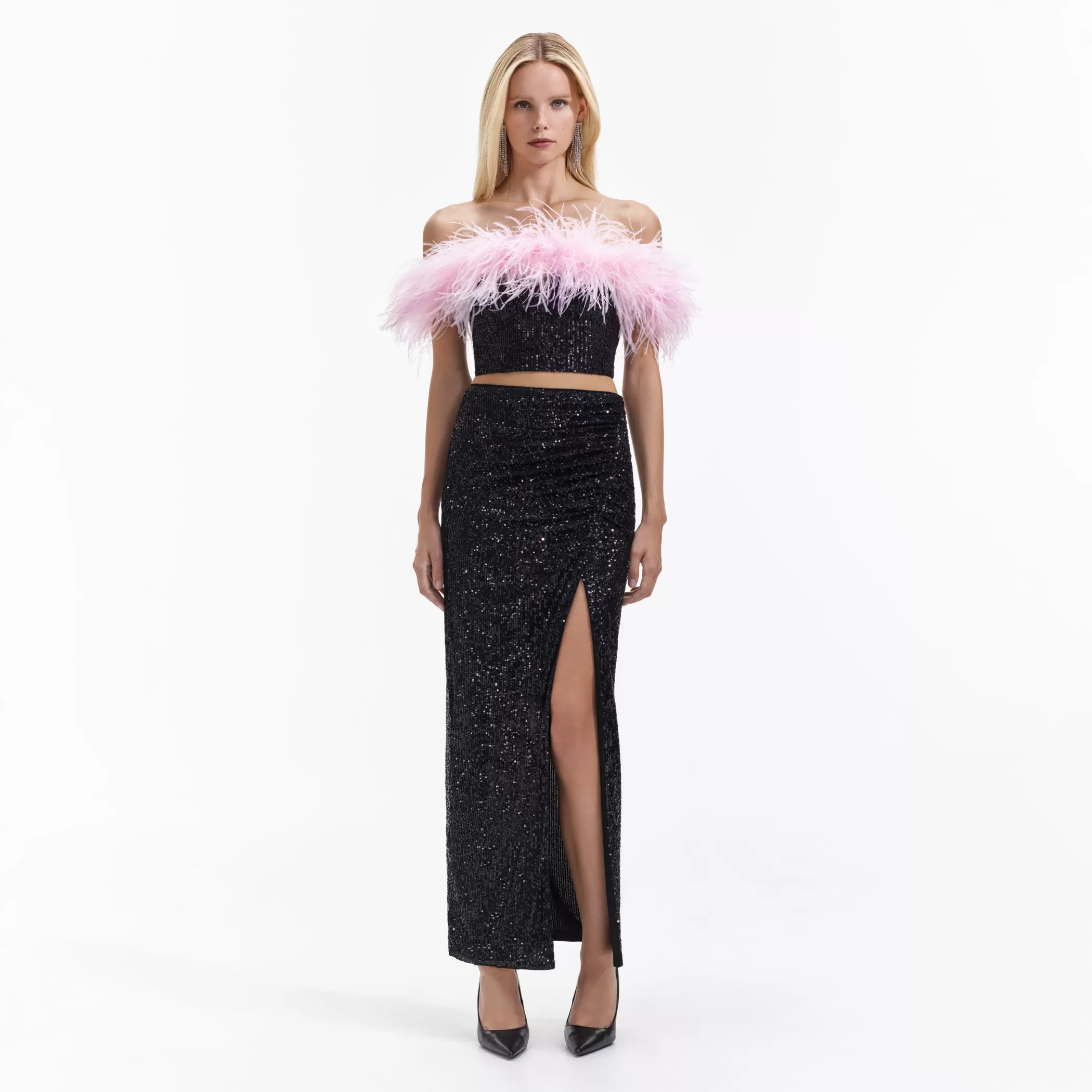 Self-Portrait > Black Sequin Feather Crop Top