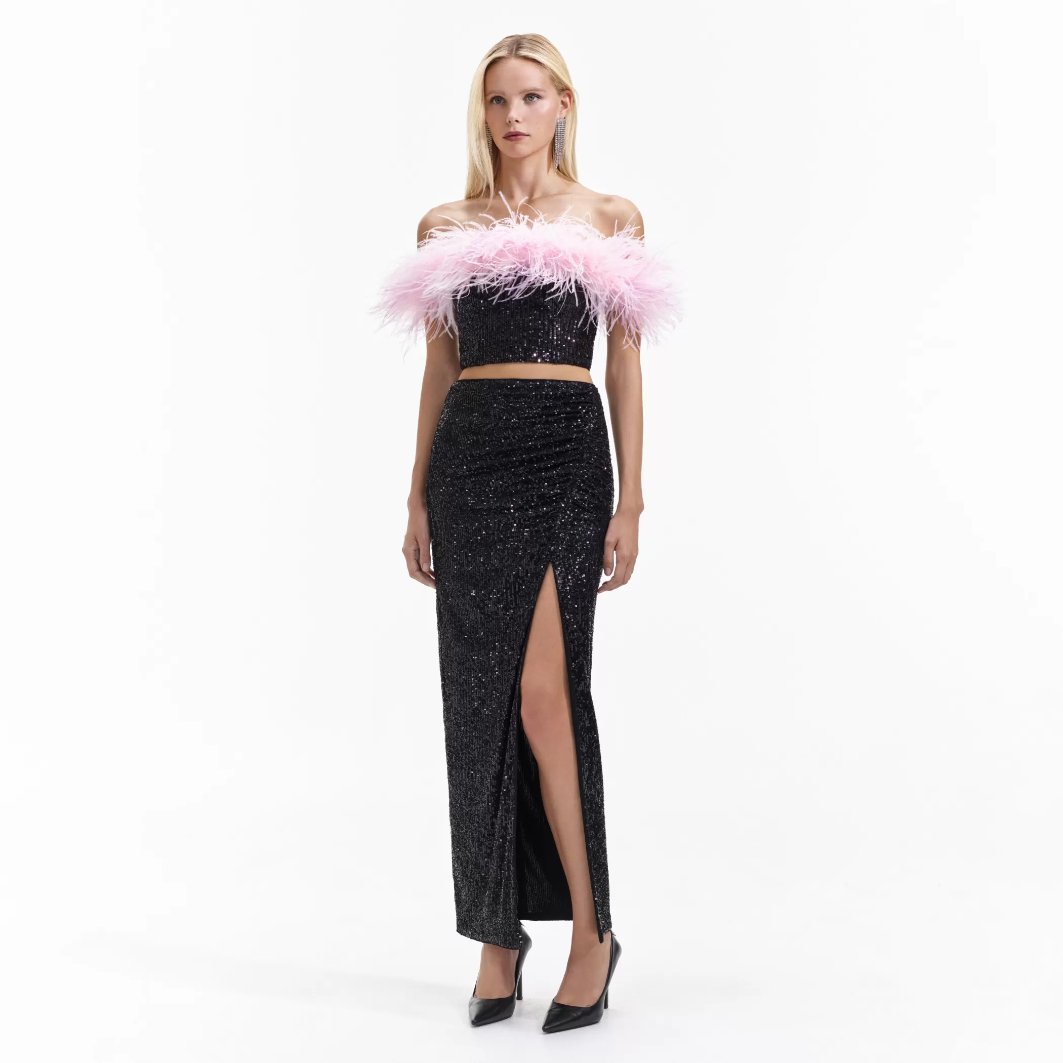 Self-Portrait > Black Sequin Feather Crop Top