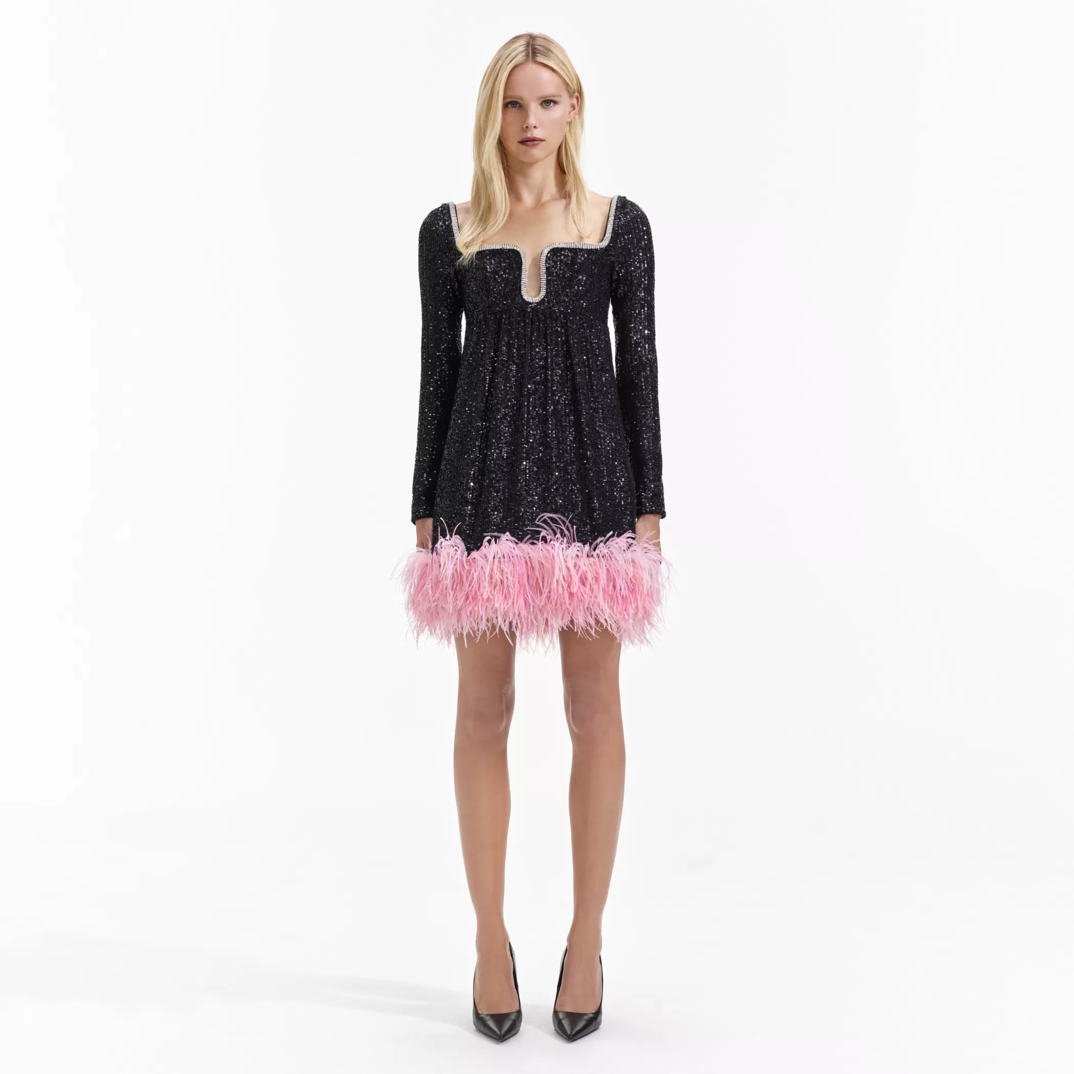 Self-Portrait > Black Sequin Feather Hem Mini Dress