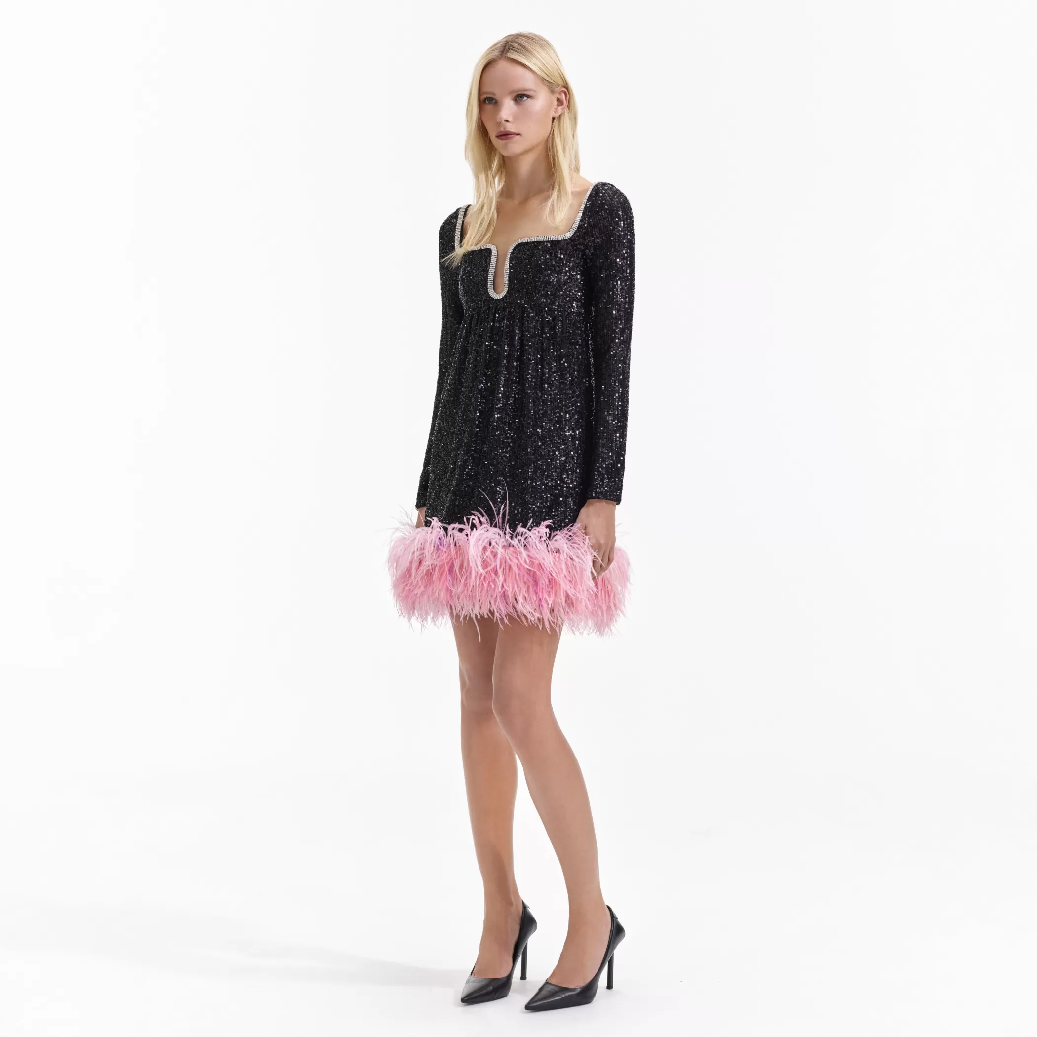 Self-Portrait > Black Sequin Feather Hem Mini Dress