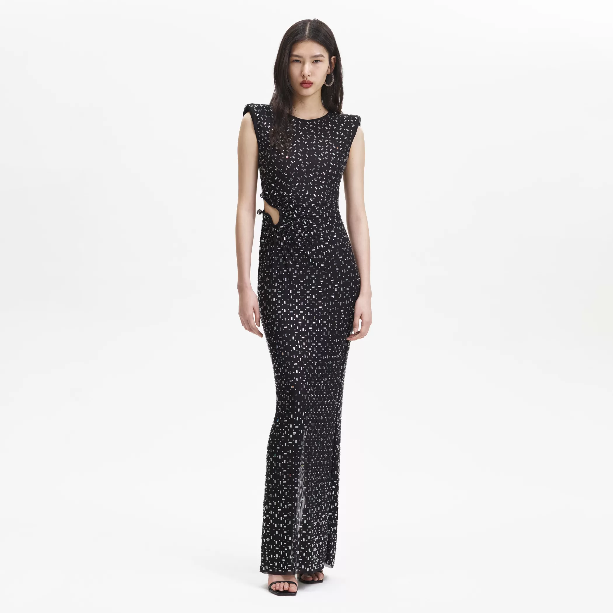 Self-Portrait > Black Square Rhinestone Mesh Maxi Dress