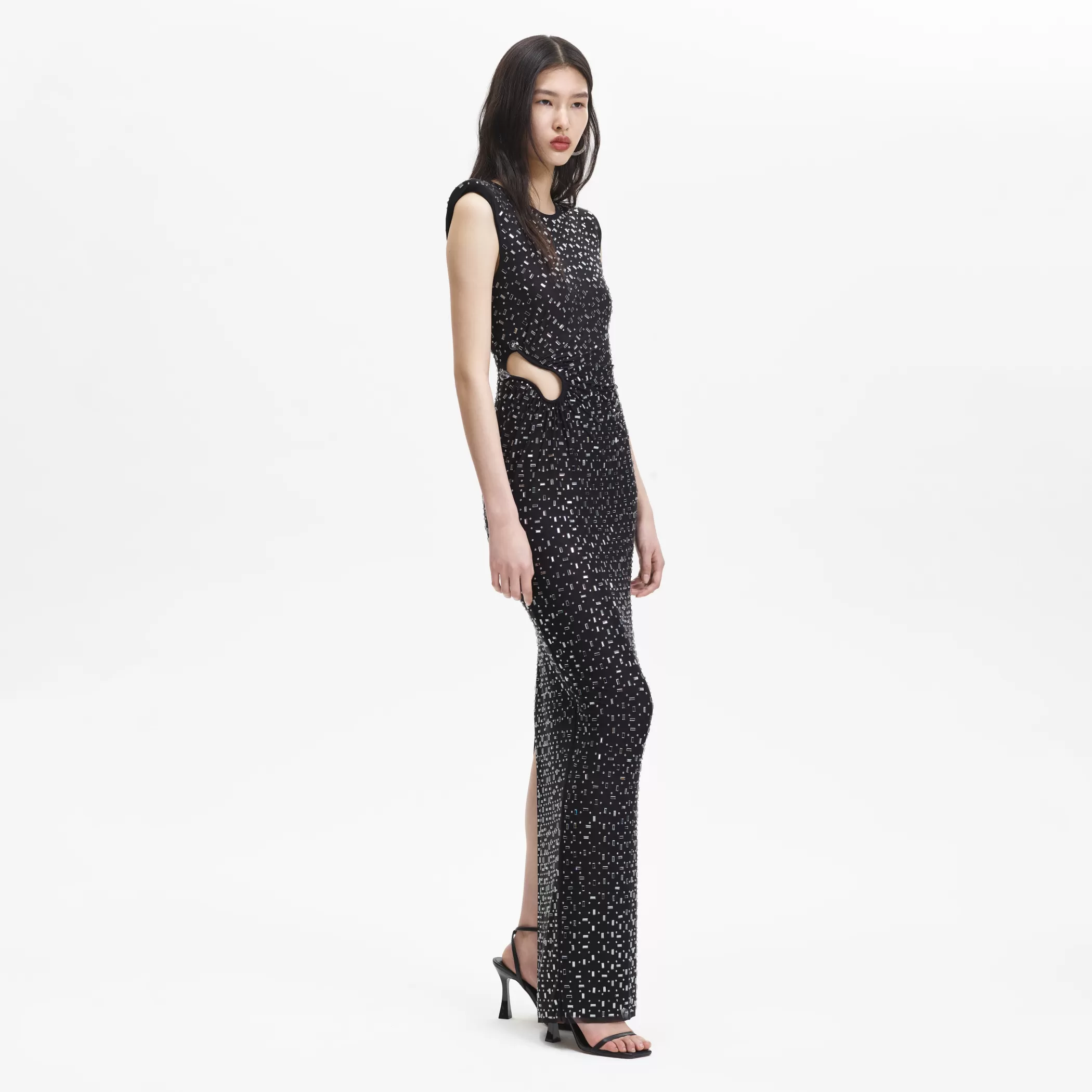 Self-Portrait > Black Square Rhinestone Mesh Maxi Dress