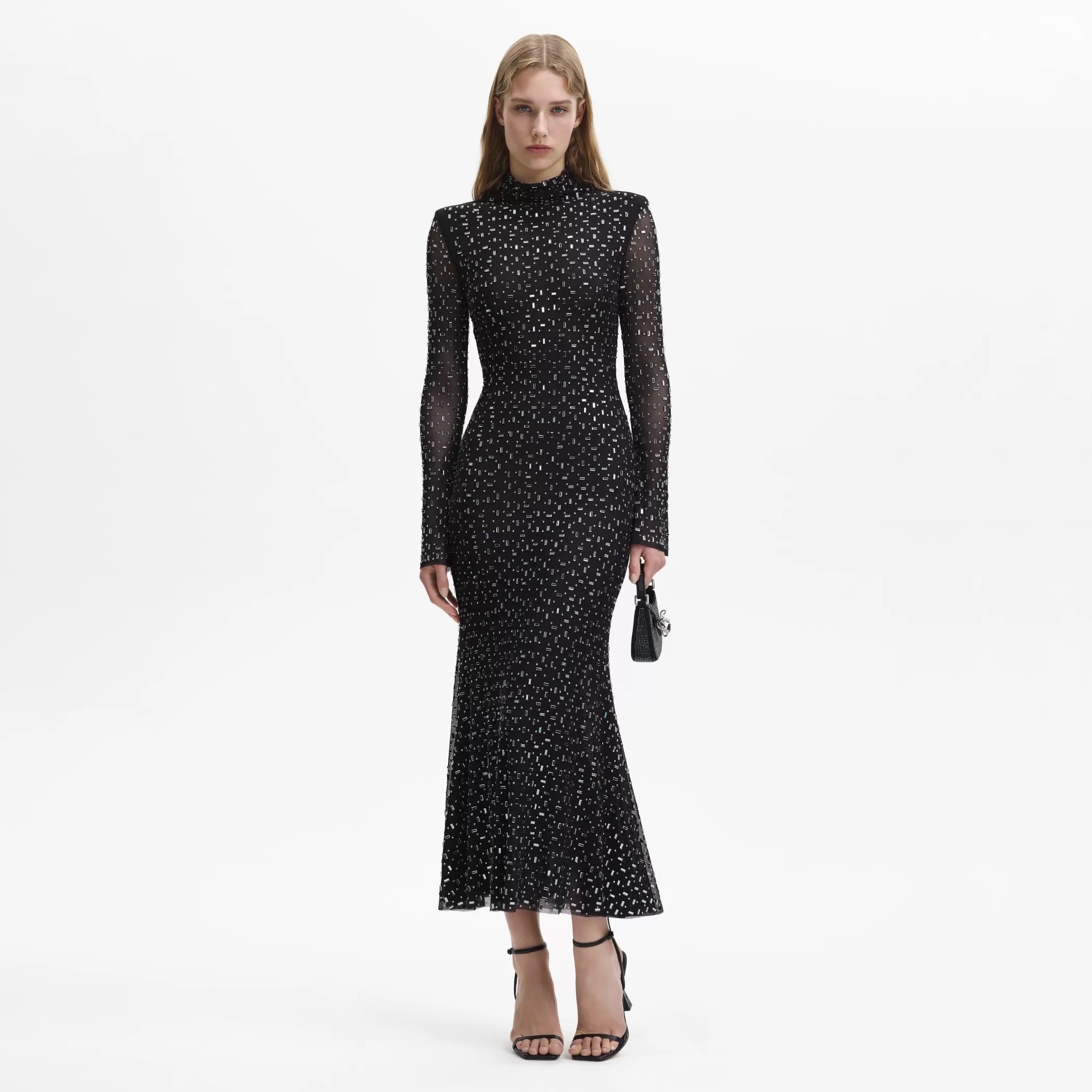 Self-Portrait > Black Square Rhinestone Mesh Midi Dress