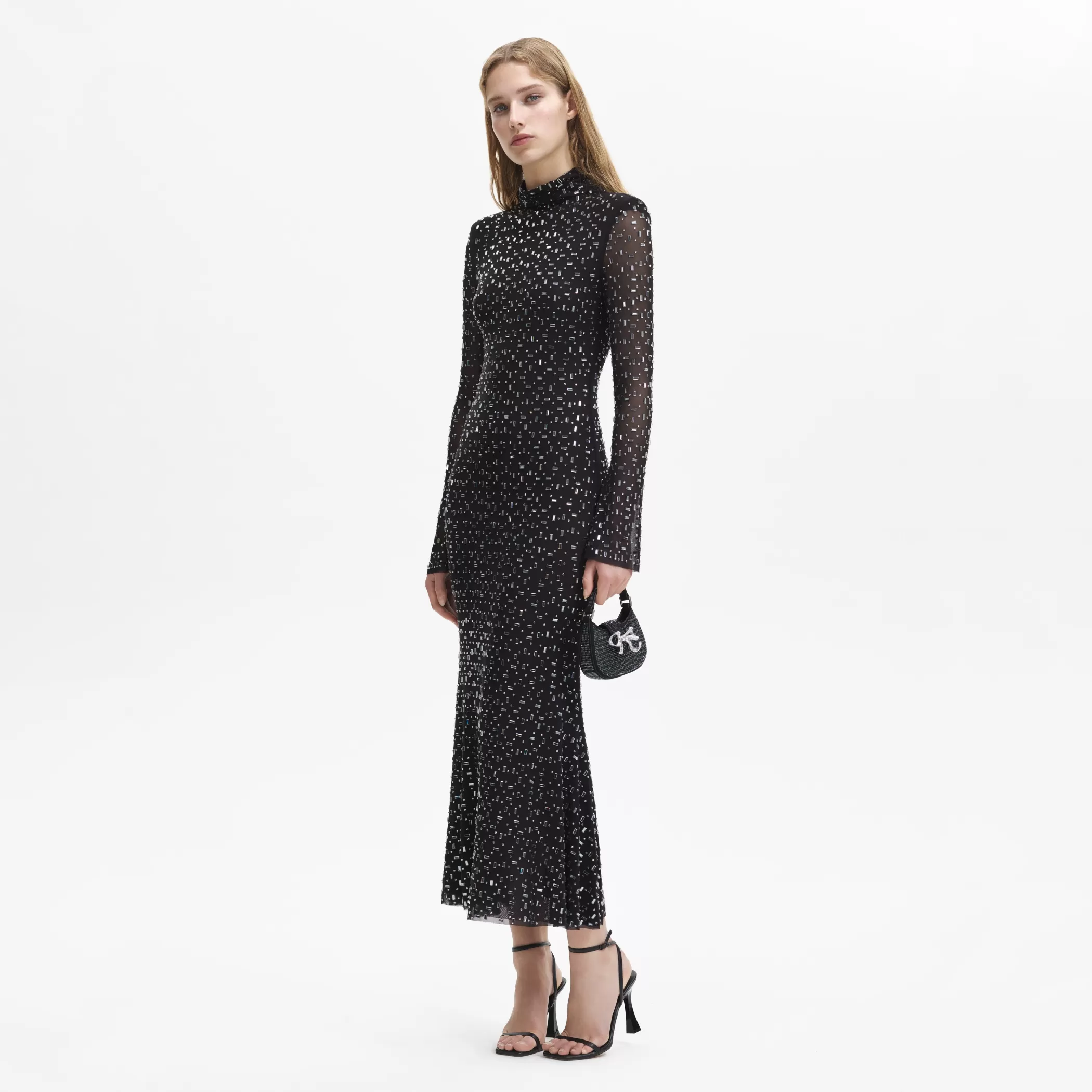 Self-Portrait > Black Square Rhinestone Mesh Midi Dress