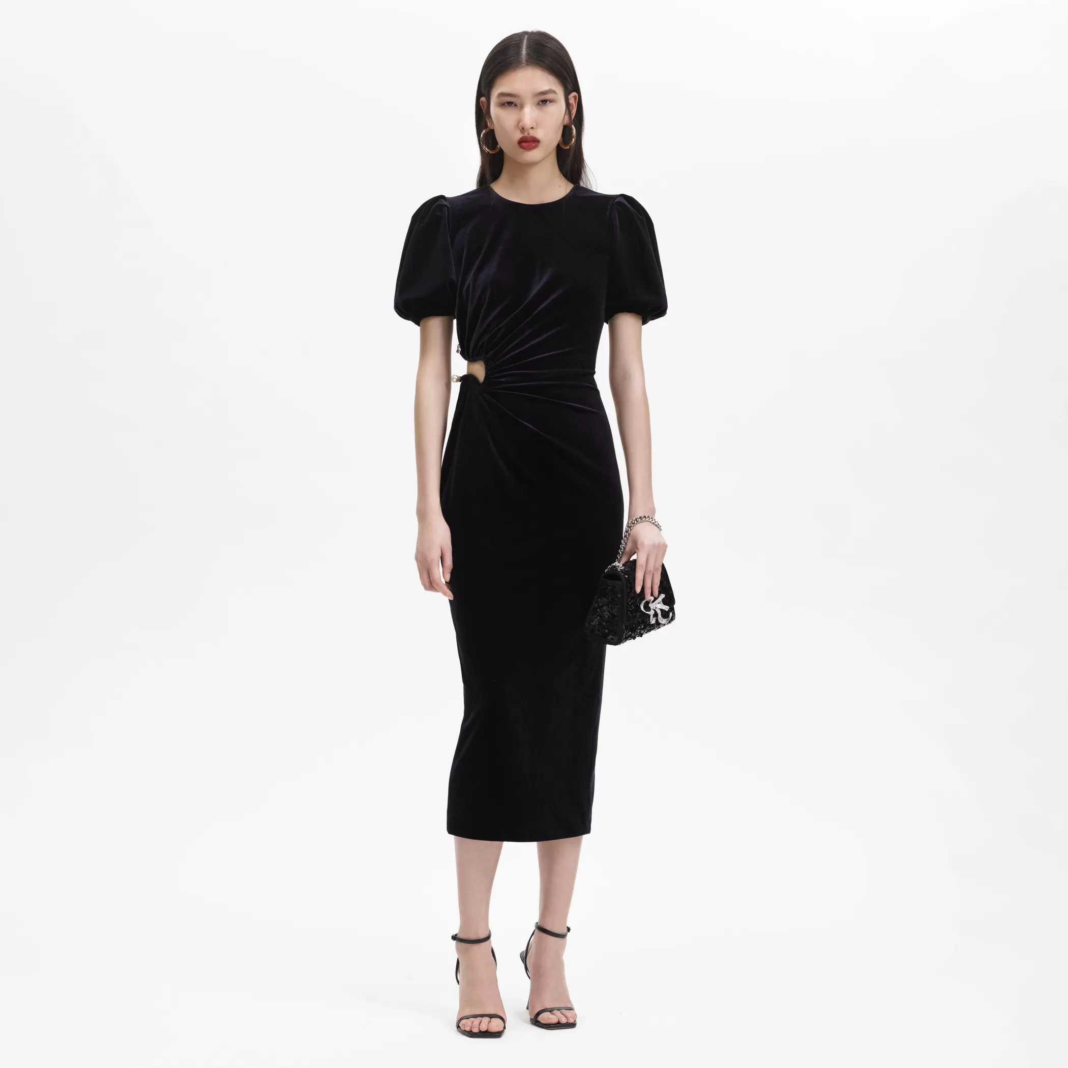 Self-Portrait > Black Velvet Cut Out Midi Dress