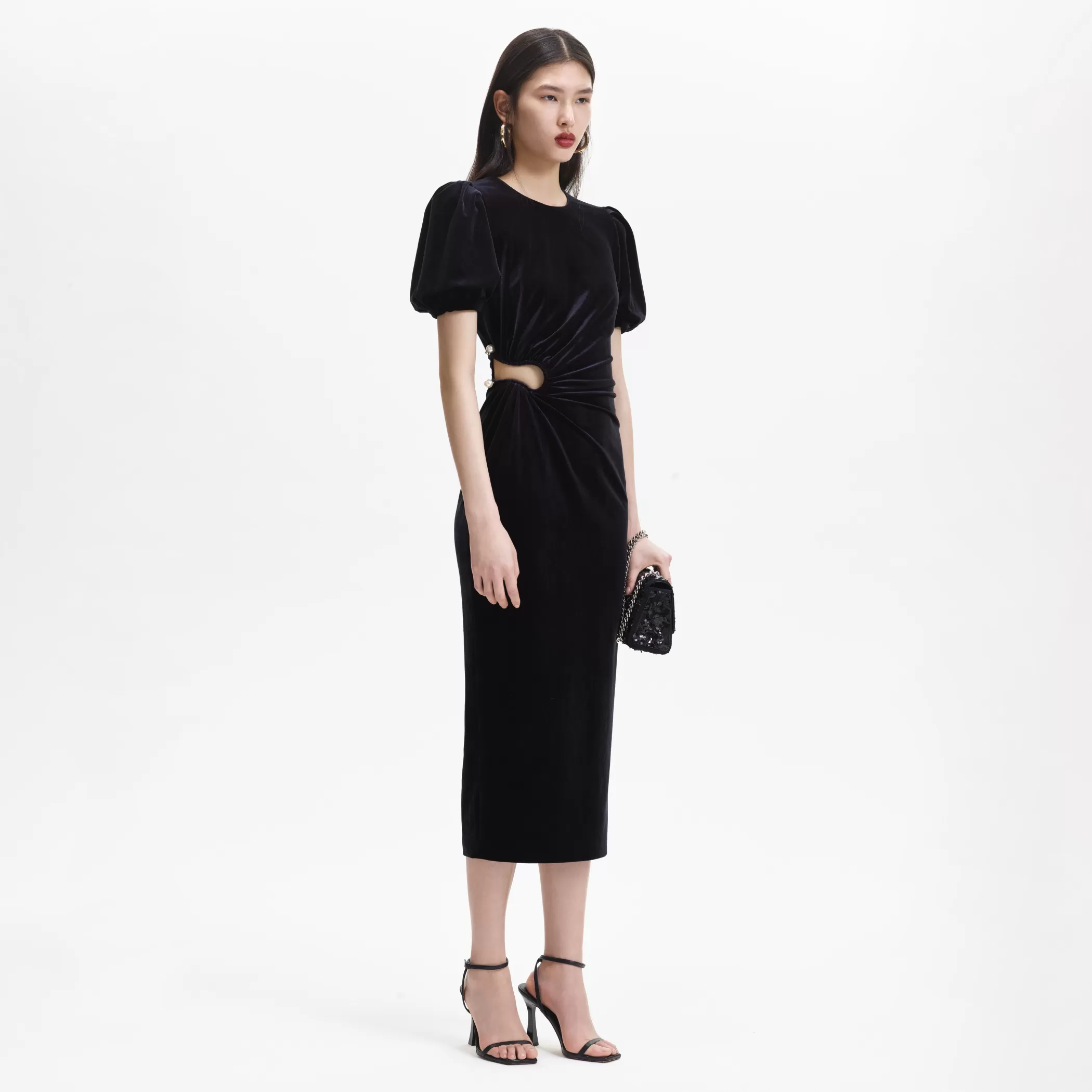 Self-Portrait > Black Velvet Cut Out Midi Dress