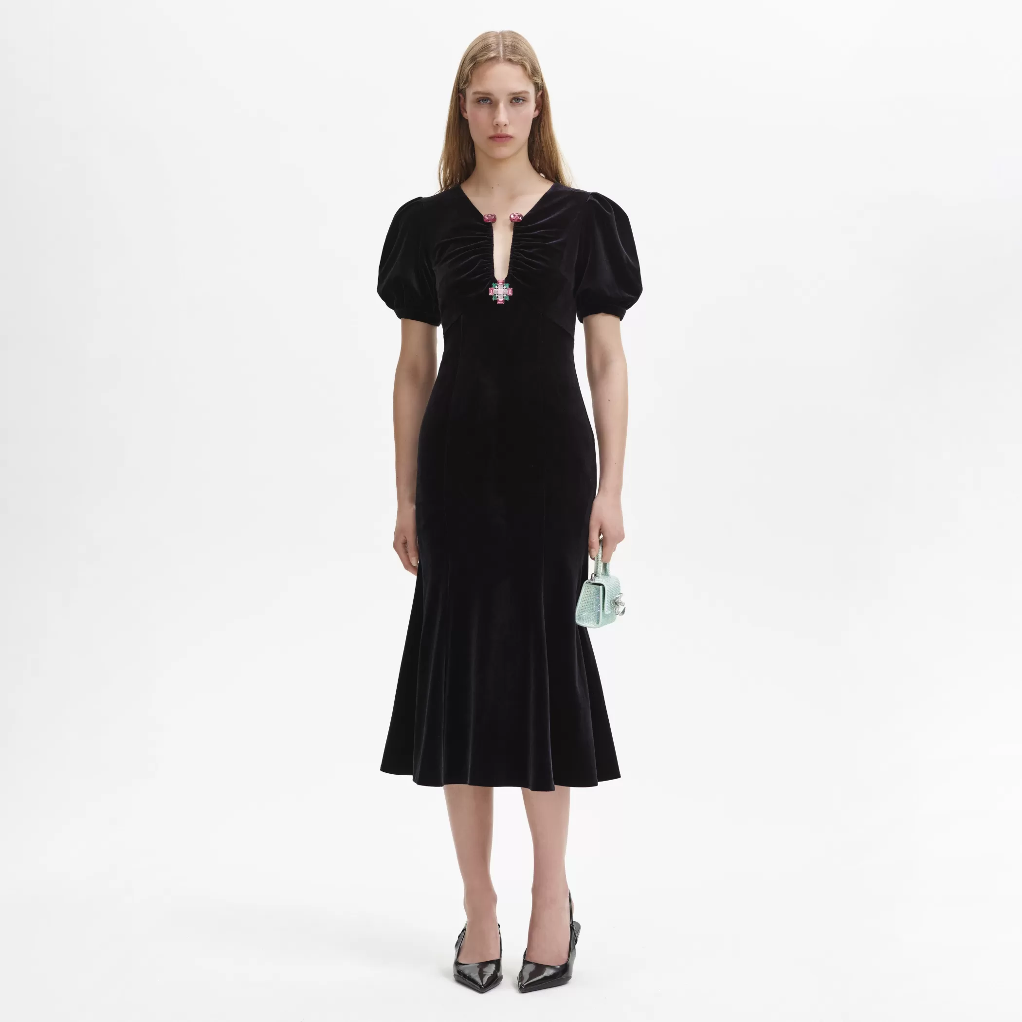 Self-Portrait > Black Velvet Embellished Midi Dress