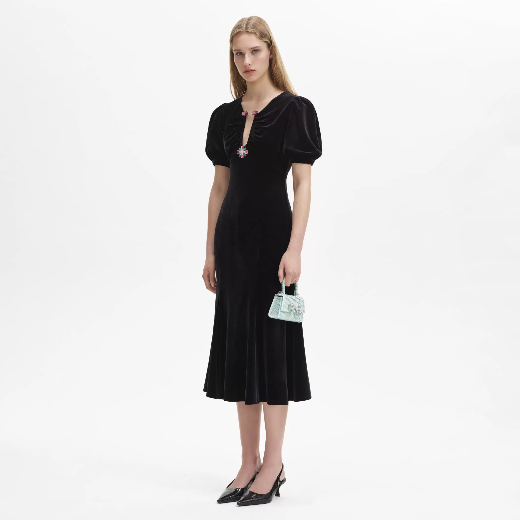 Self-Portrait > Black Velvet Embellished Midi Dress