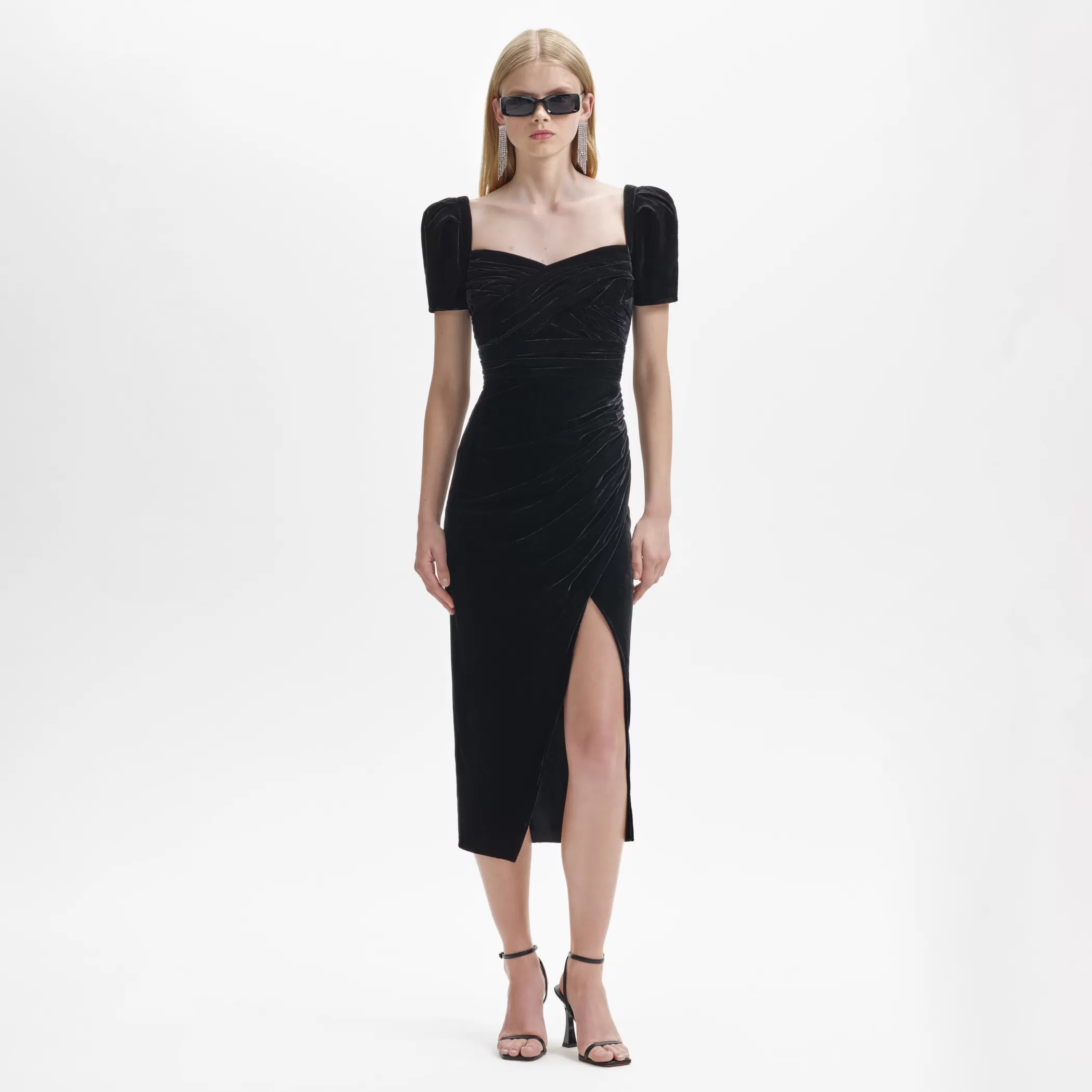 Self-Portrait > Black Velvet Iris Midi Dress