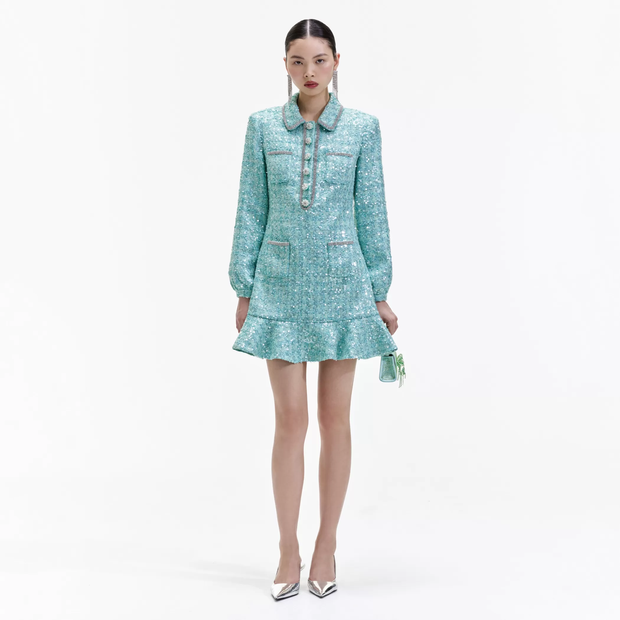 Self-Portrait > Blue Boucle Collared Mini Dress