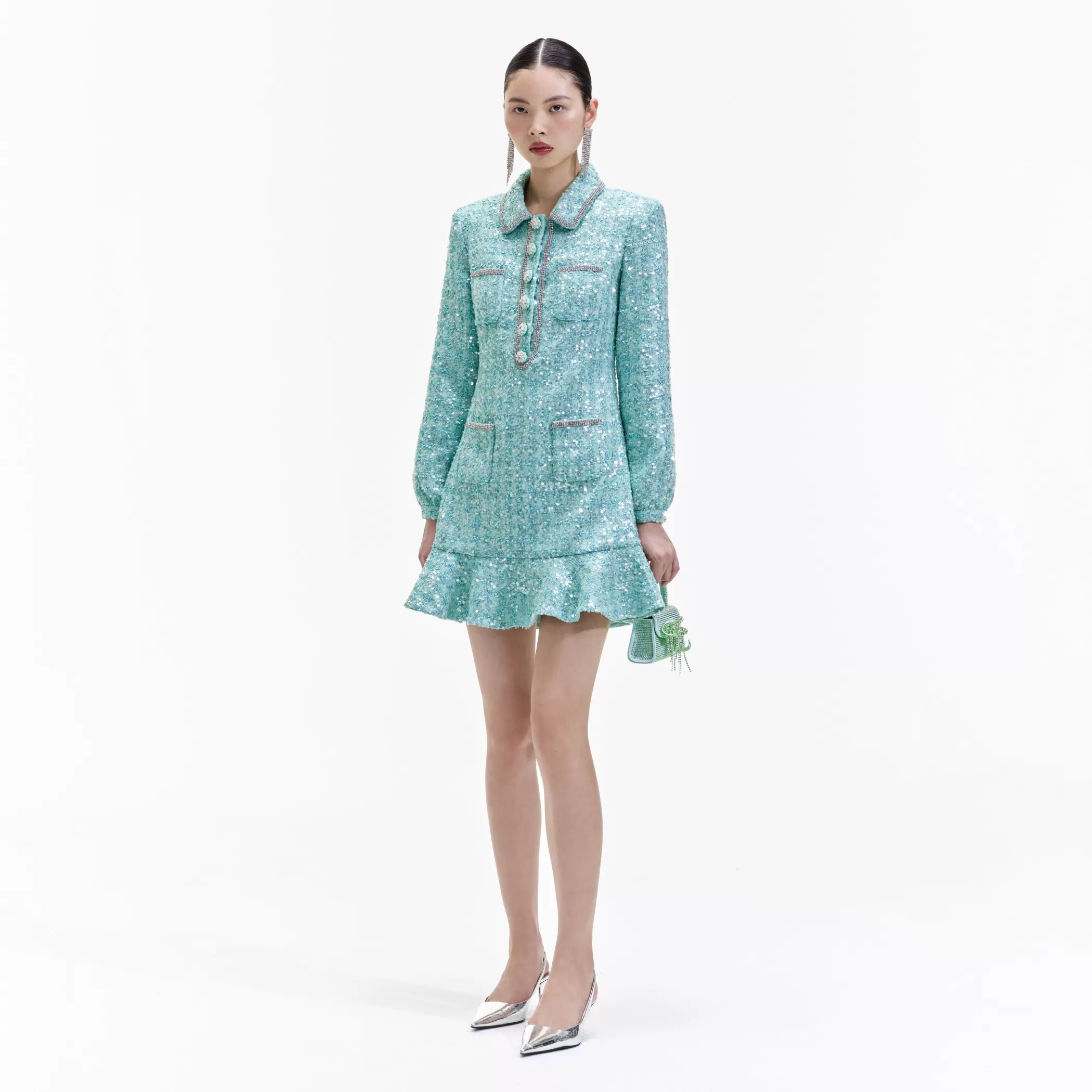 Self-Portrait > Blue Boucle Collared Mini Dress