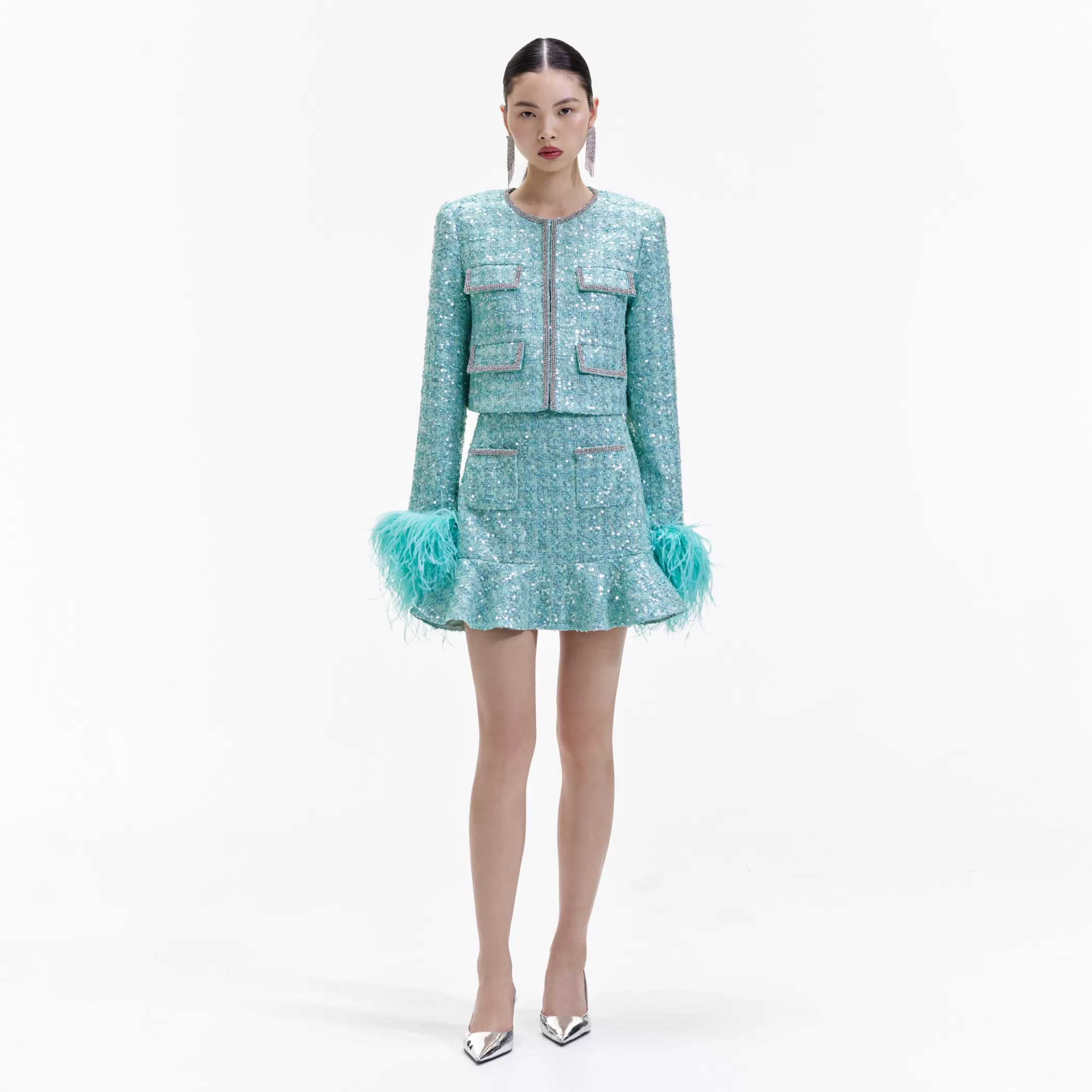 Self-Portrait > Blue Boucle Feather Jacket