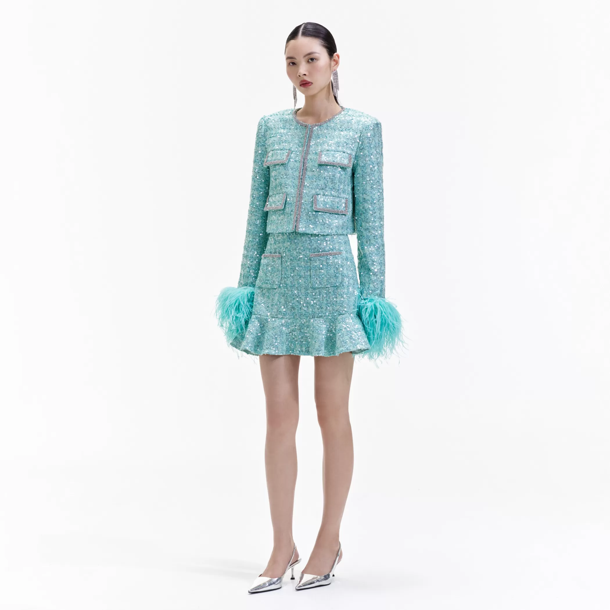 Self-Portrait > Blue Boucle Feather Jacket