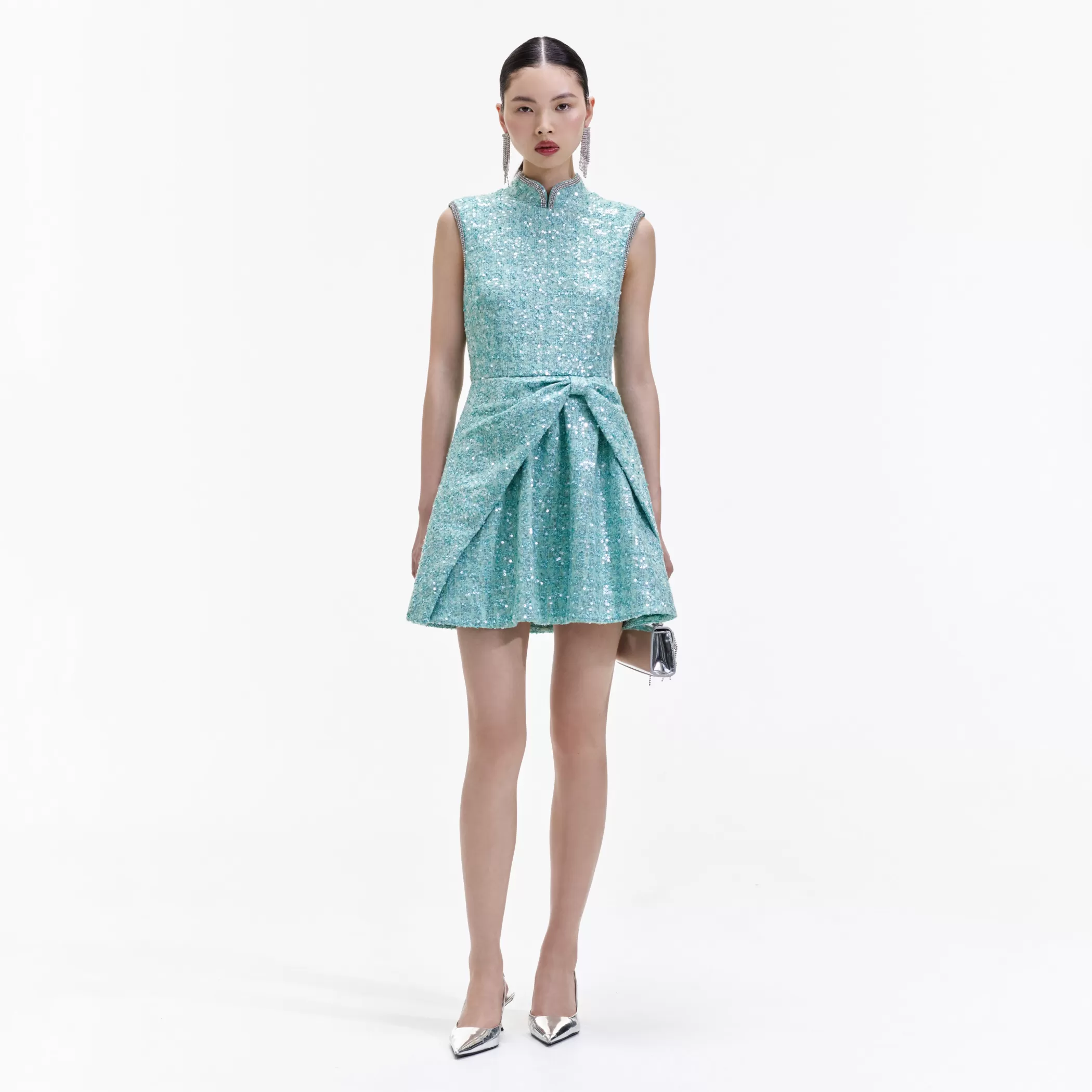 Self-Portrait > Blue Boucle Gathered Mini Dress