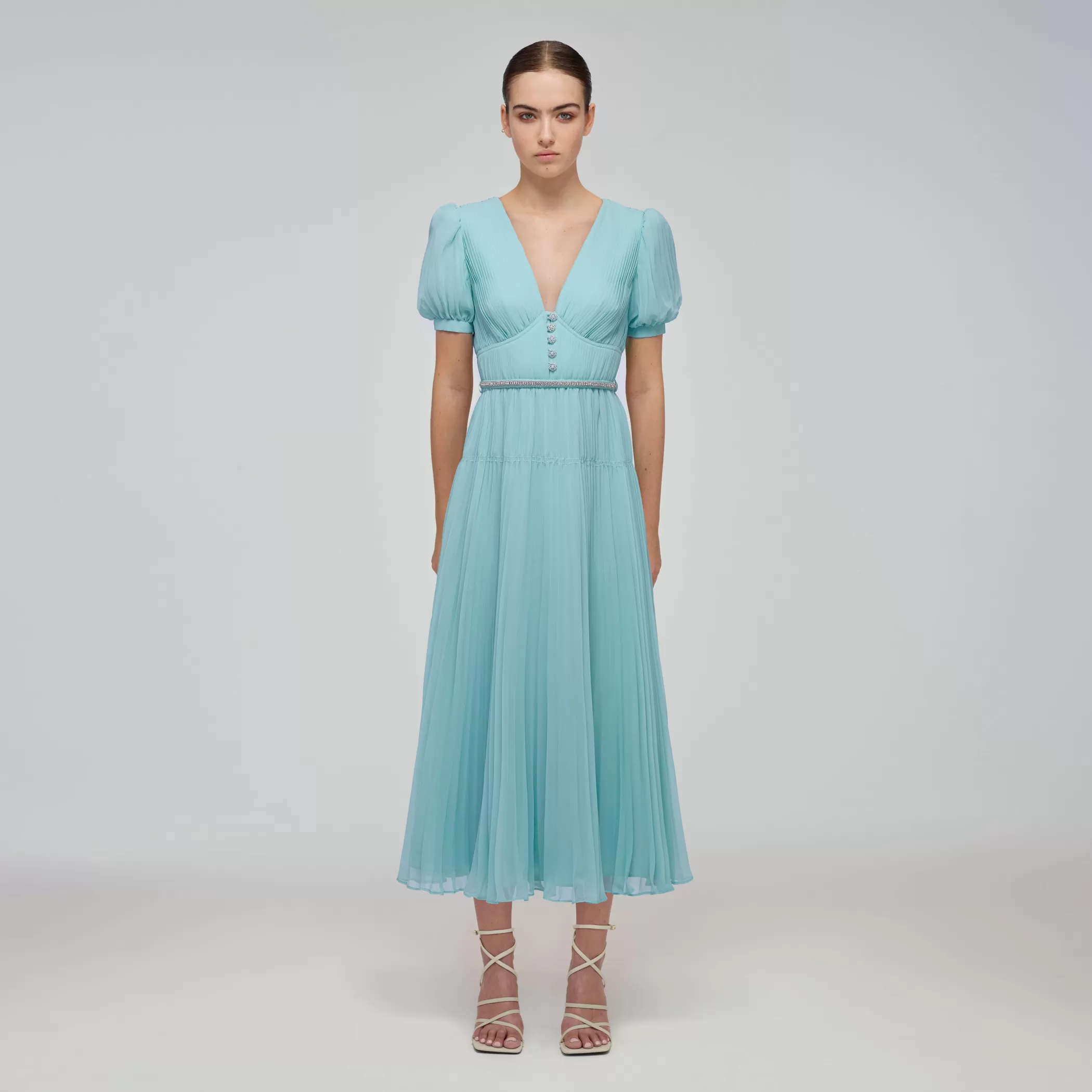 Self-Portrait > Blue Chiffon Diamanté Button Midi Dress