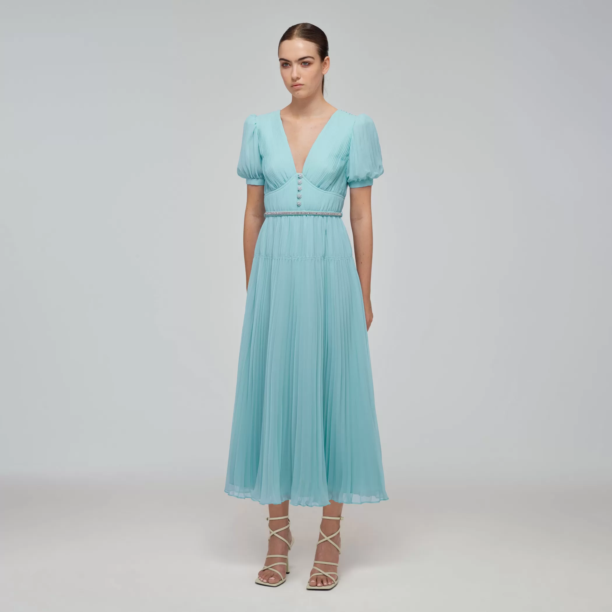 Self-Portrait > Blue Chiffon Diamanté Button Midi Dress