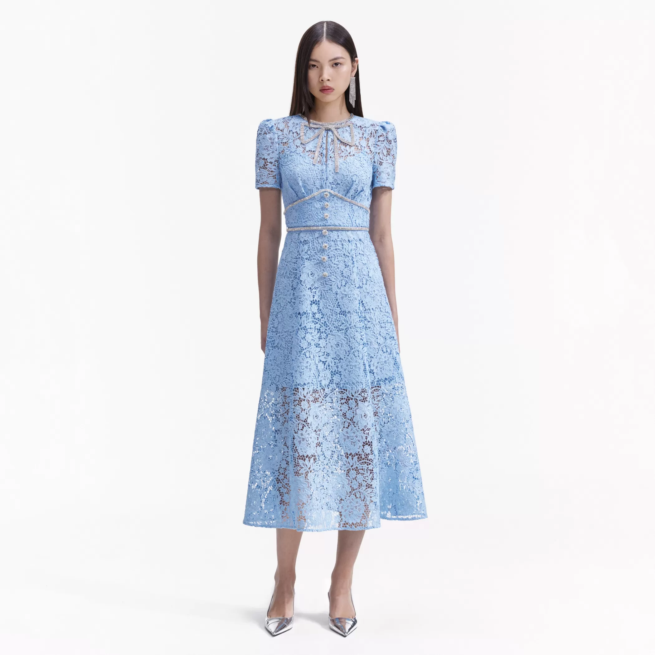 Self-Portrait > Blue Cord Lace Bow Midi Dress