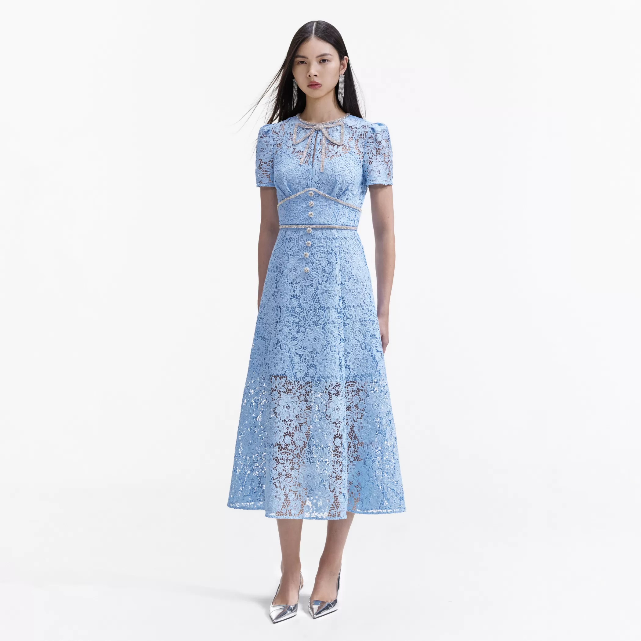 Self-Portrait > Blue Cord Lace Bow Midi Dress