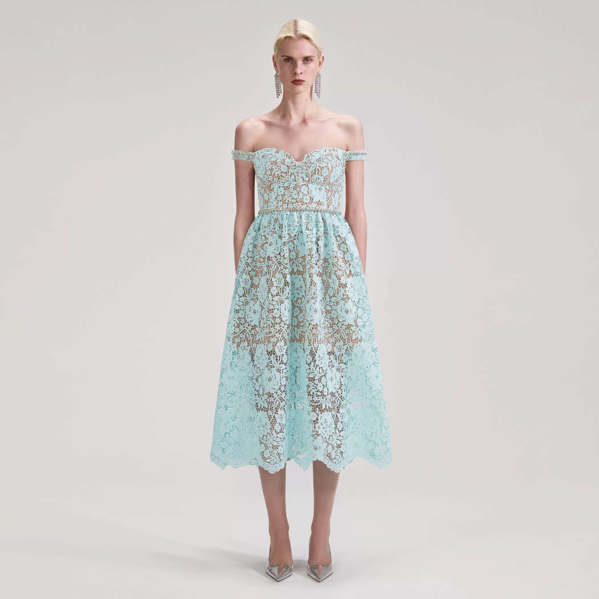 Self-Portrait > Blue Cord Lace Diamante Midi Dress