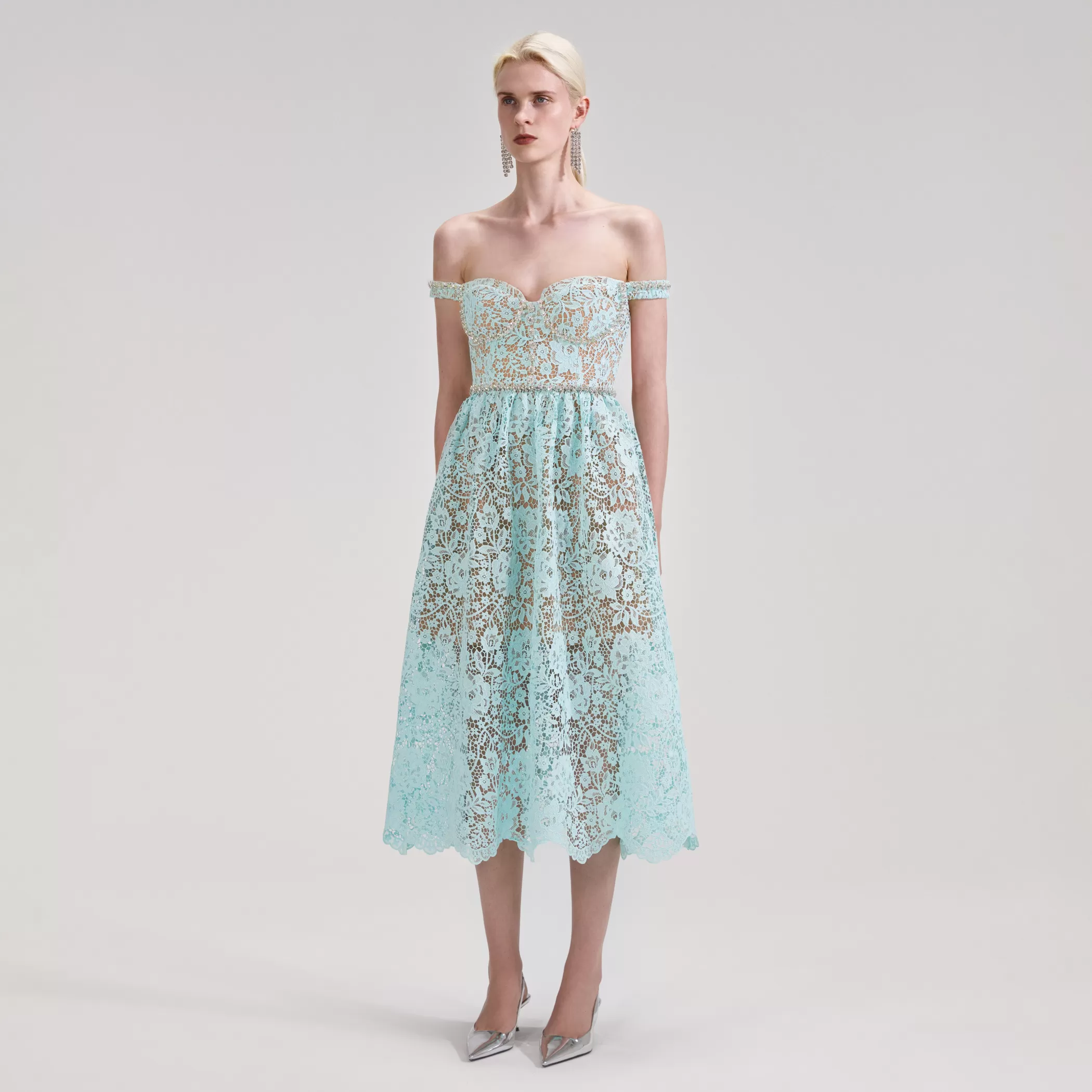 Self-Portrait > Blue Cord Lace Diamante Midi Dress