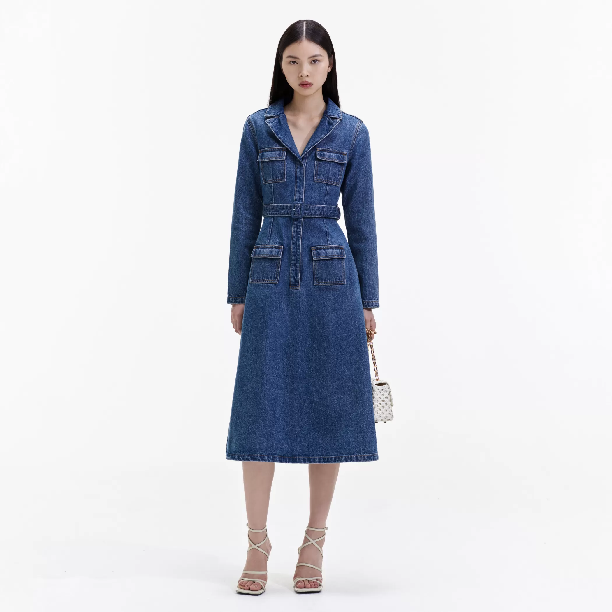 Self-Portrait > Blue Denim Belted Midi Dress