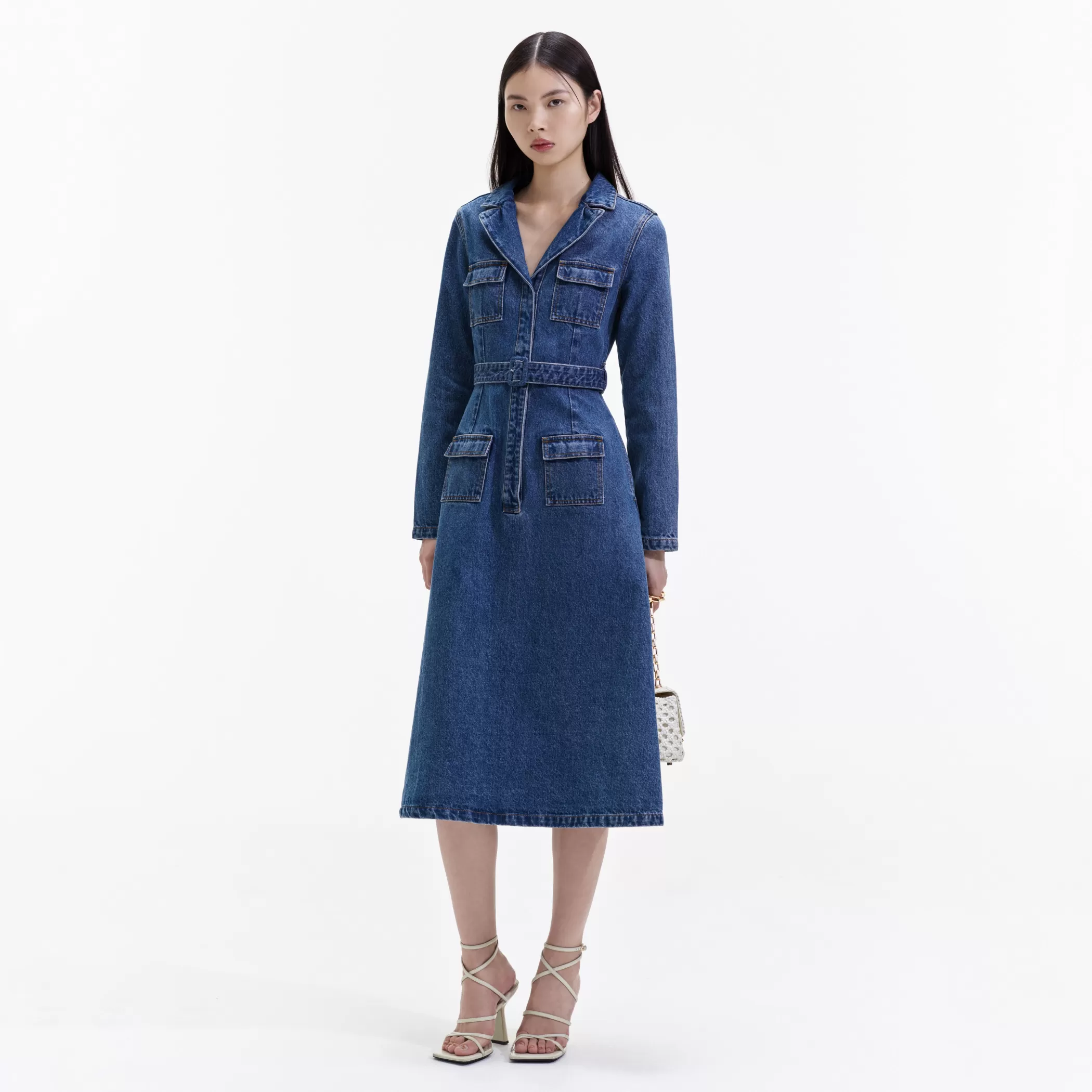 Self-Portrait > Blue Denim Belted Midi Dress