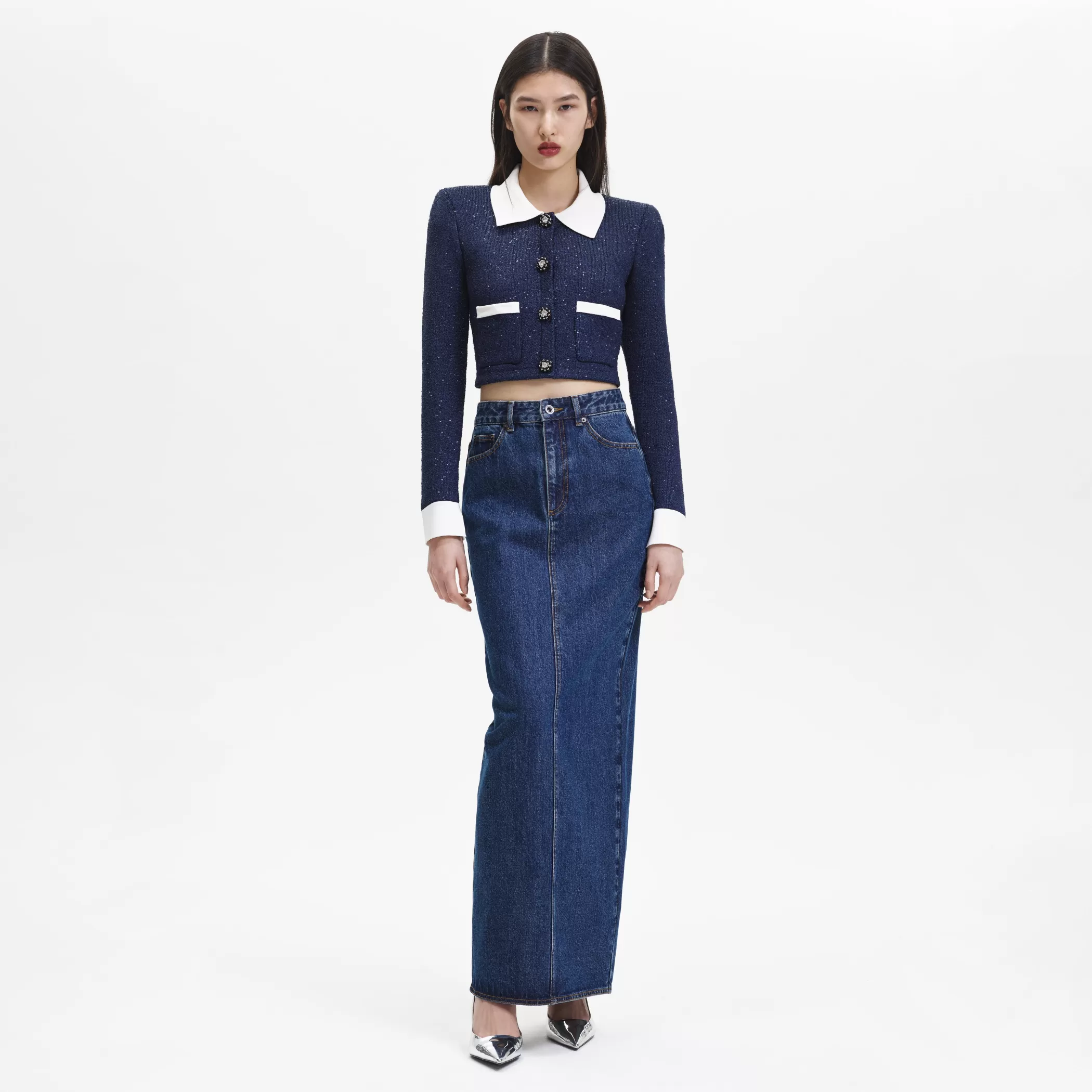 Self-Portrait > Blue Denim Maxi Skirt