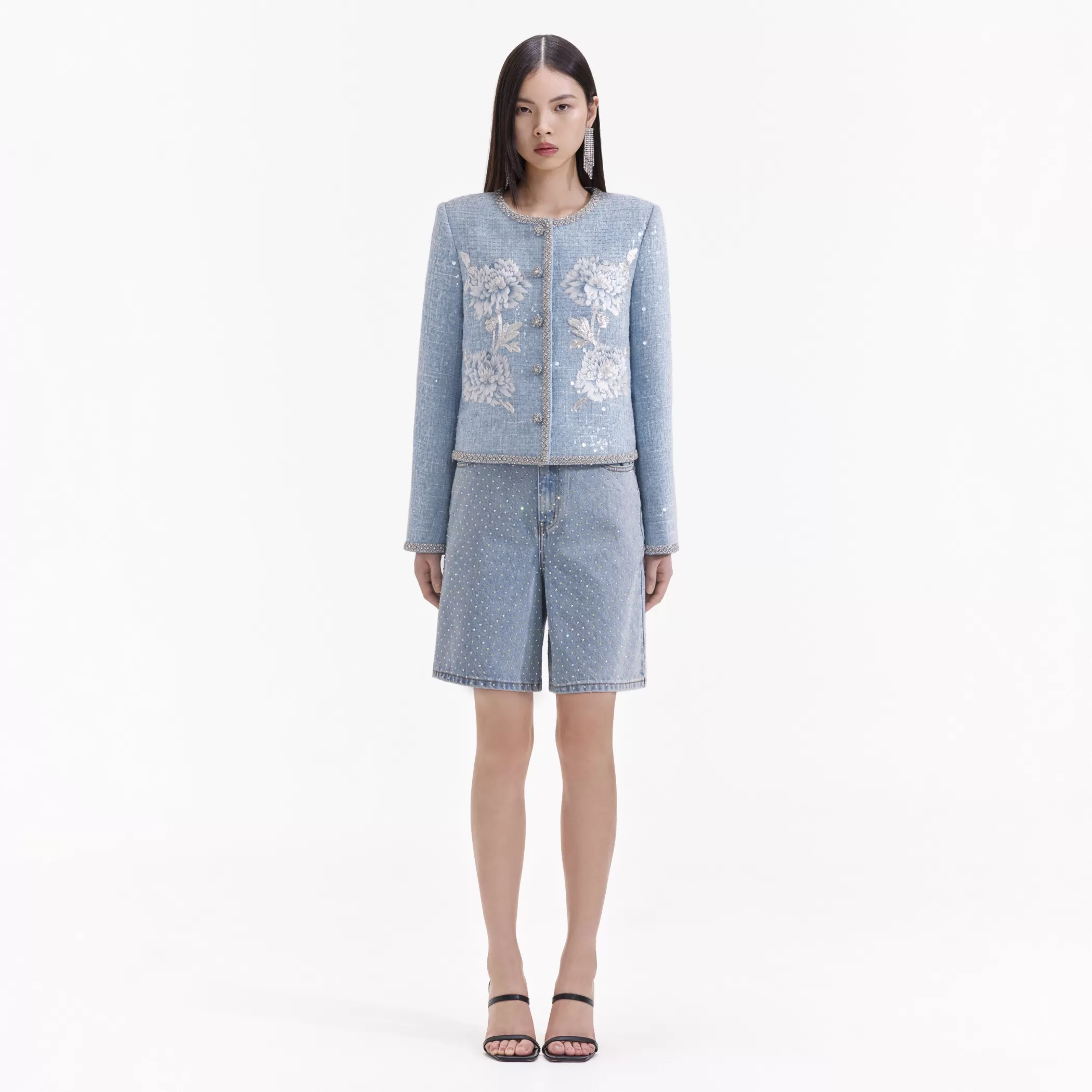 Self-Portrait > Blue Hand Embroidered Boucle Jacket