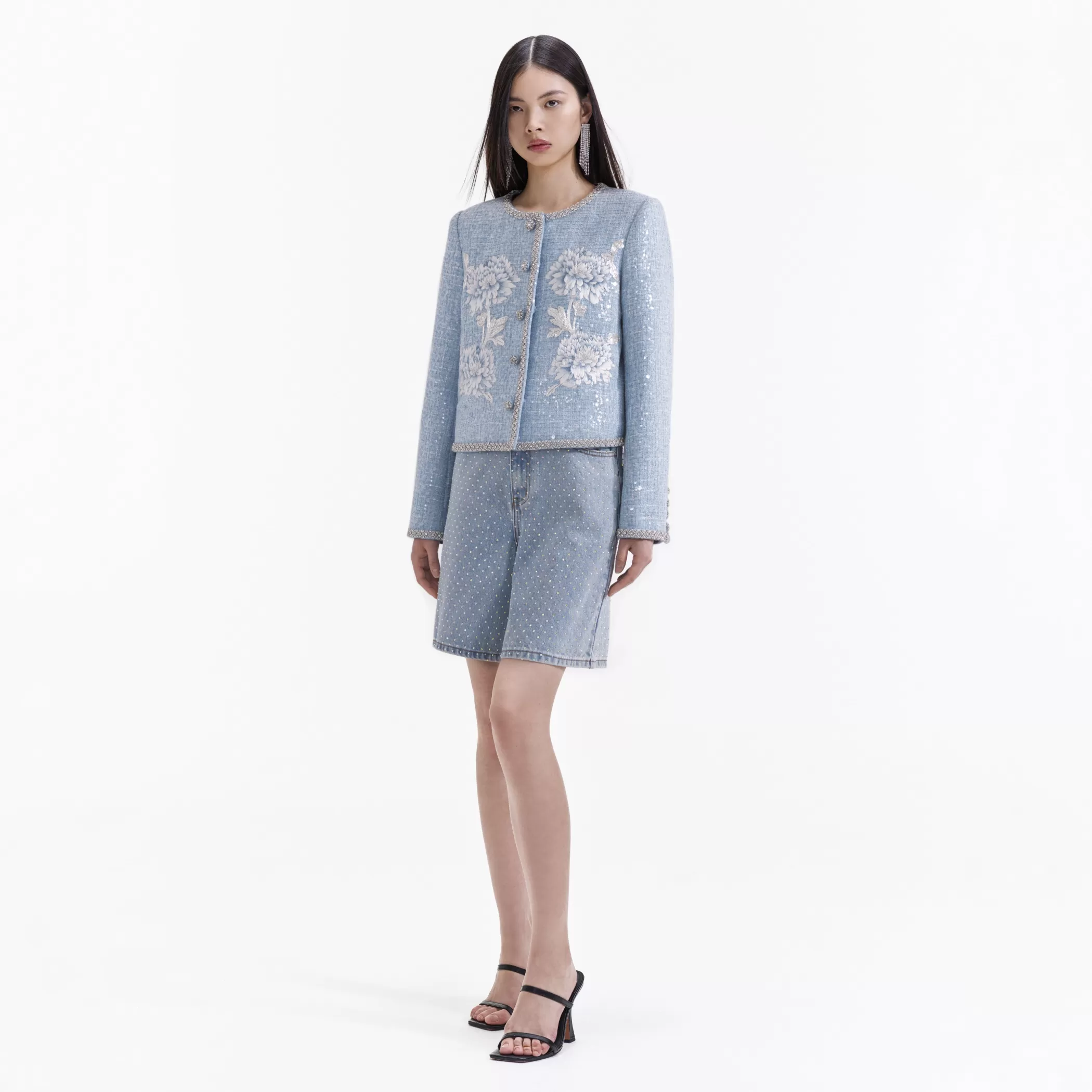 Self-Portrait > Blue Hand Embroidered Boucle Jacket