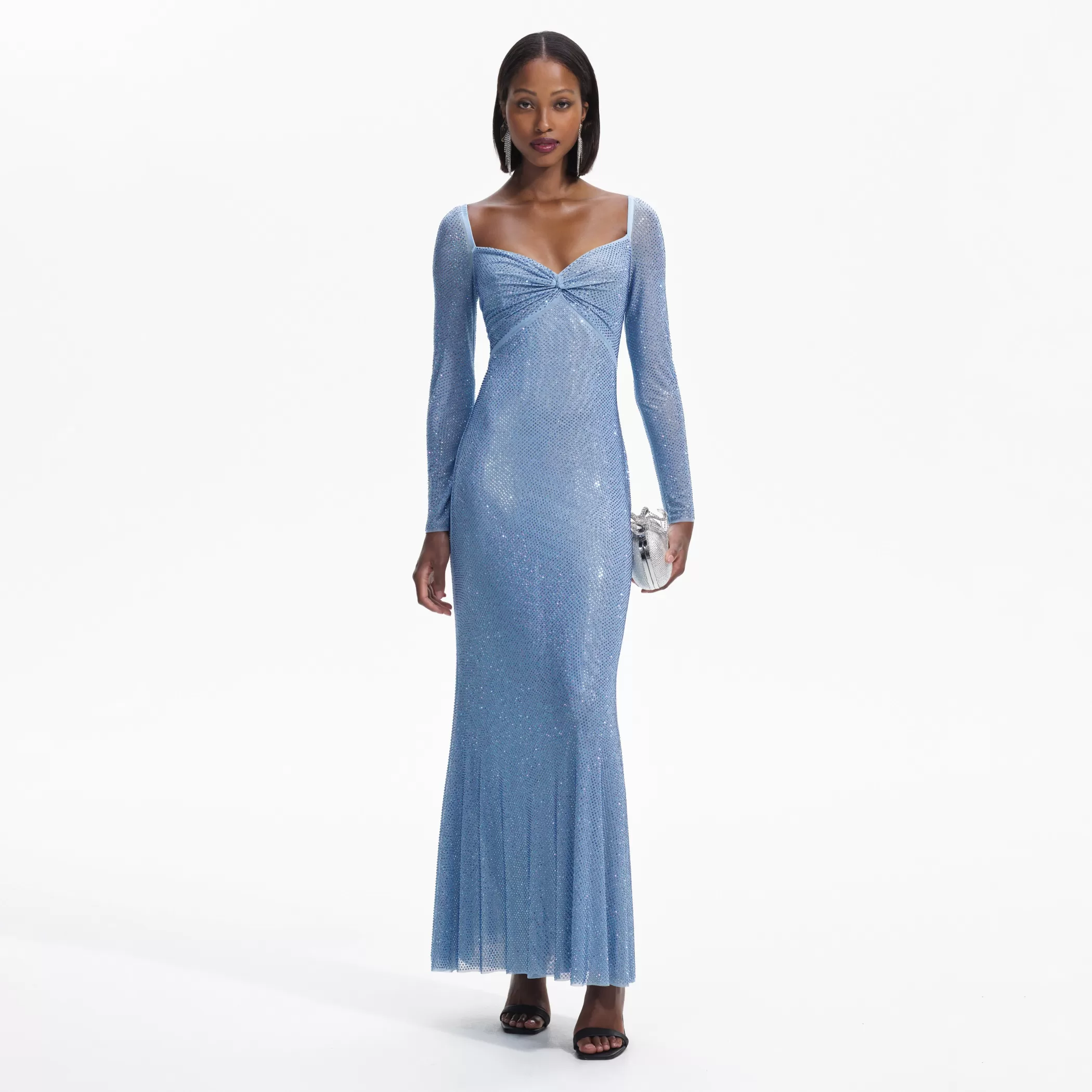 Self-Portrait > Blue Iridescent Rhinestone Maxi Dress