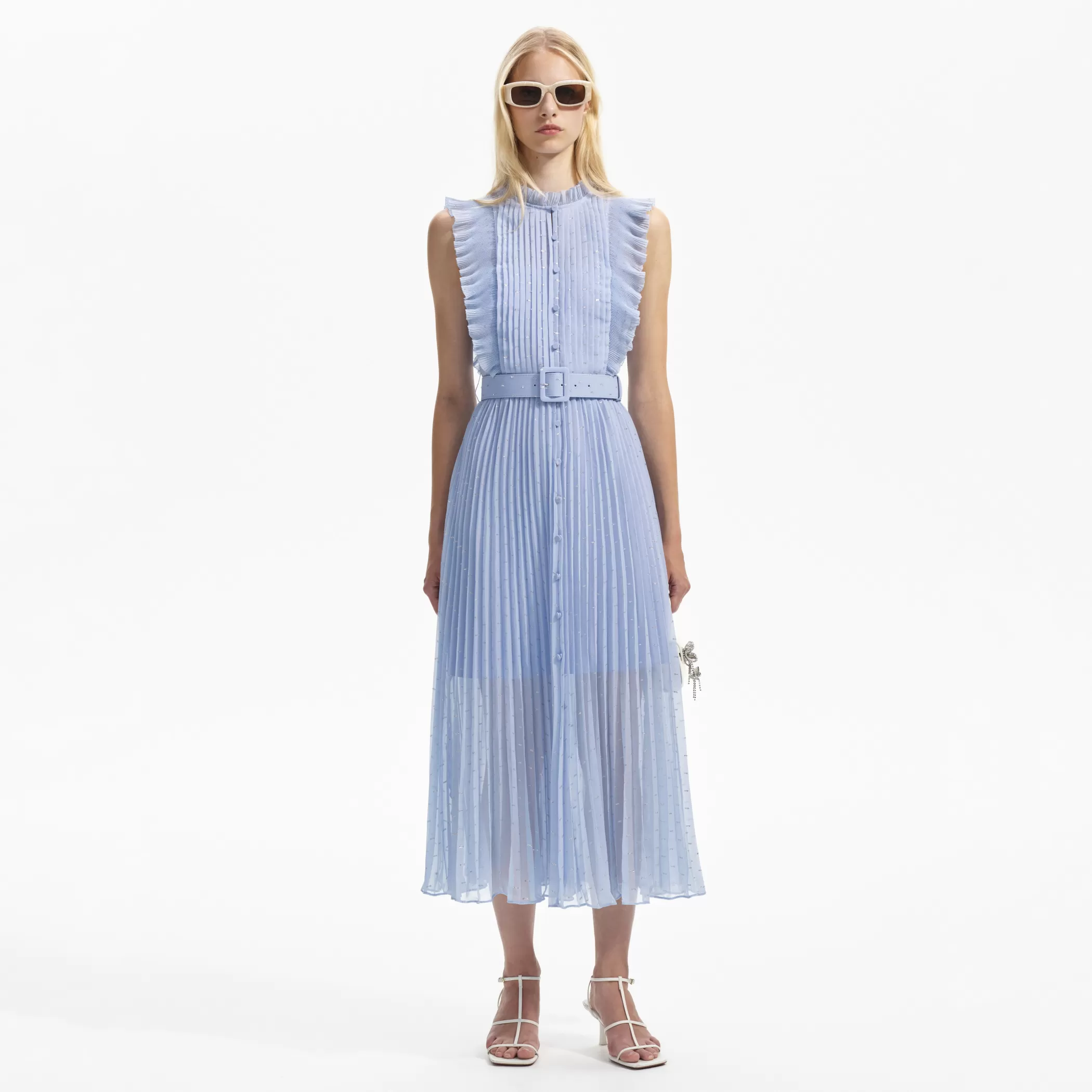 Self-Portrait > Blue Metallic Chiffon Midi Dress