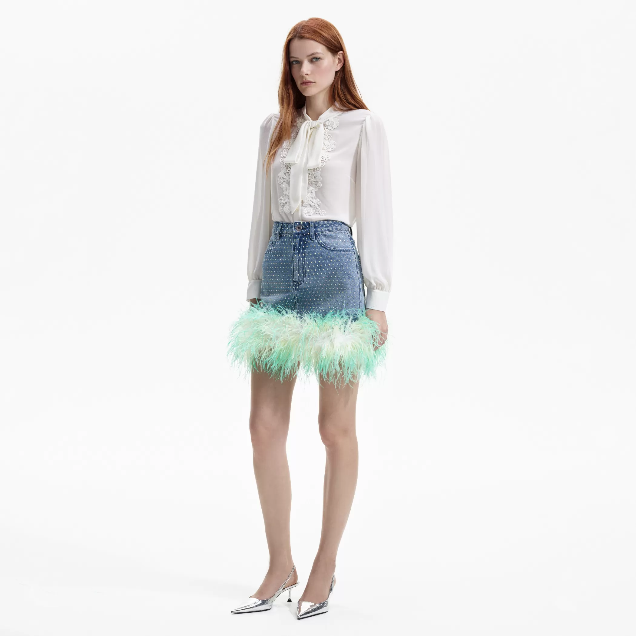 Self-Portrait > Blue Rhinestone Feather Denim Skirt