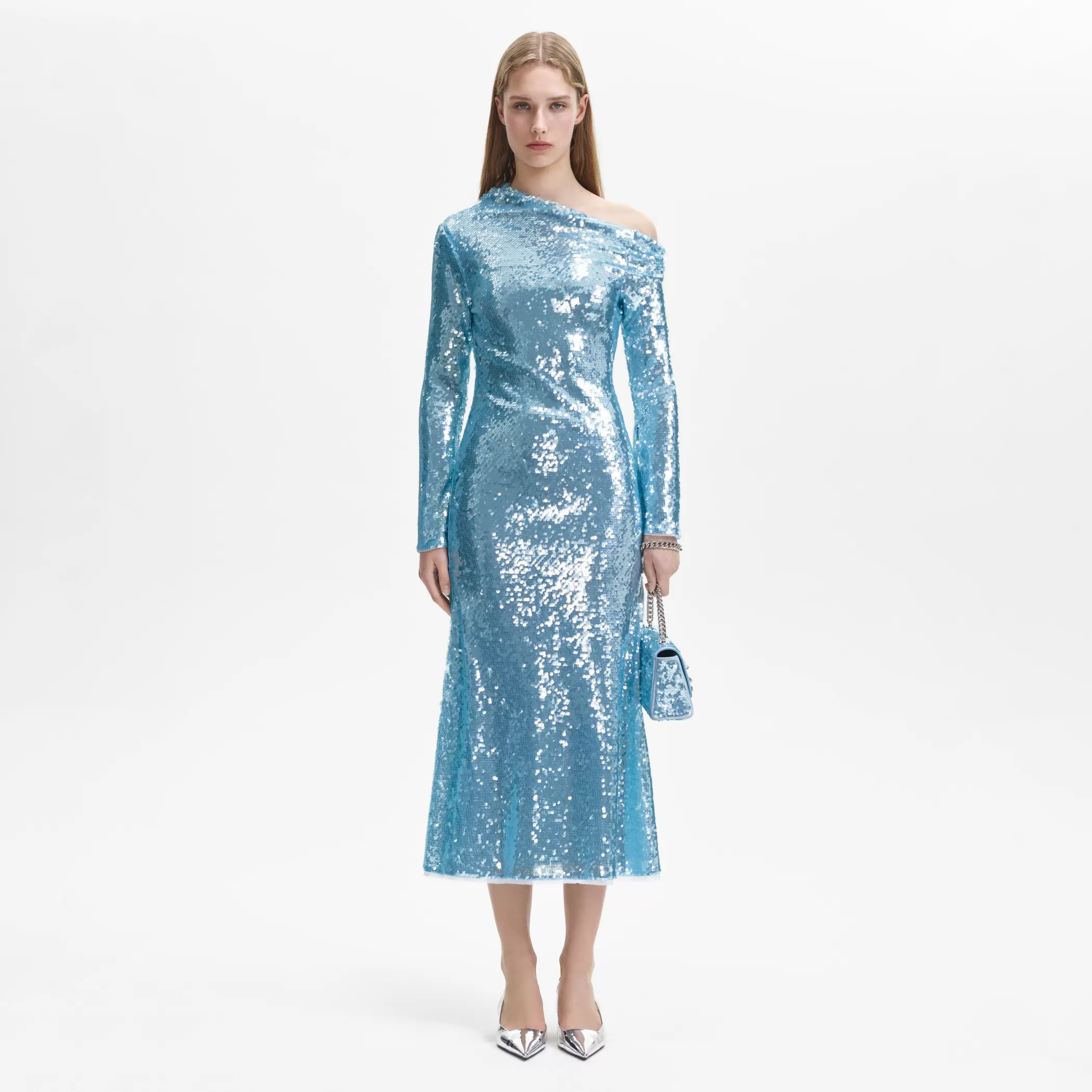 Self-Portrait > Blue Sequin Asymmetric Midi Dress