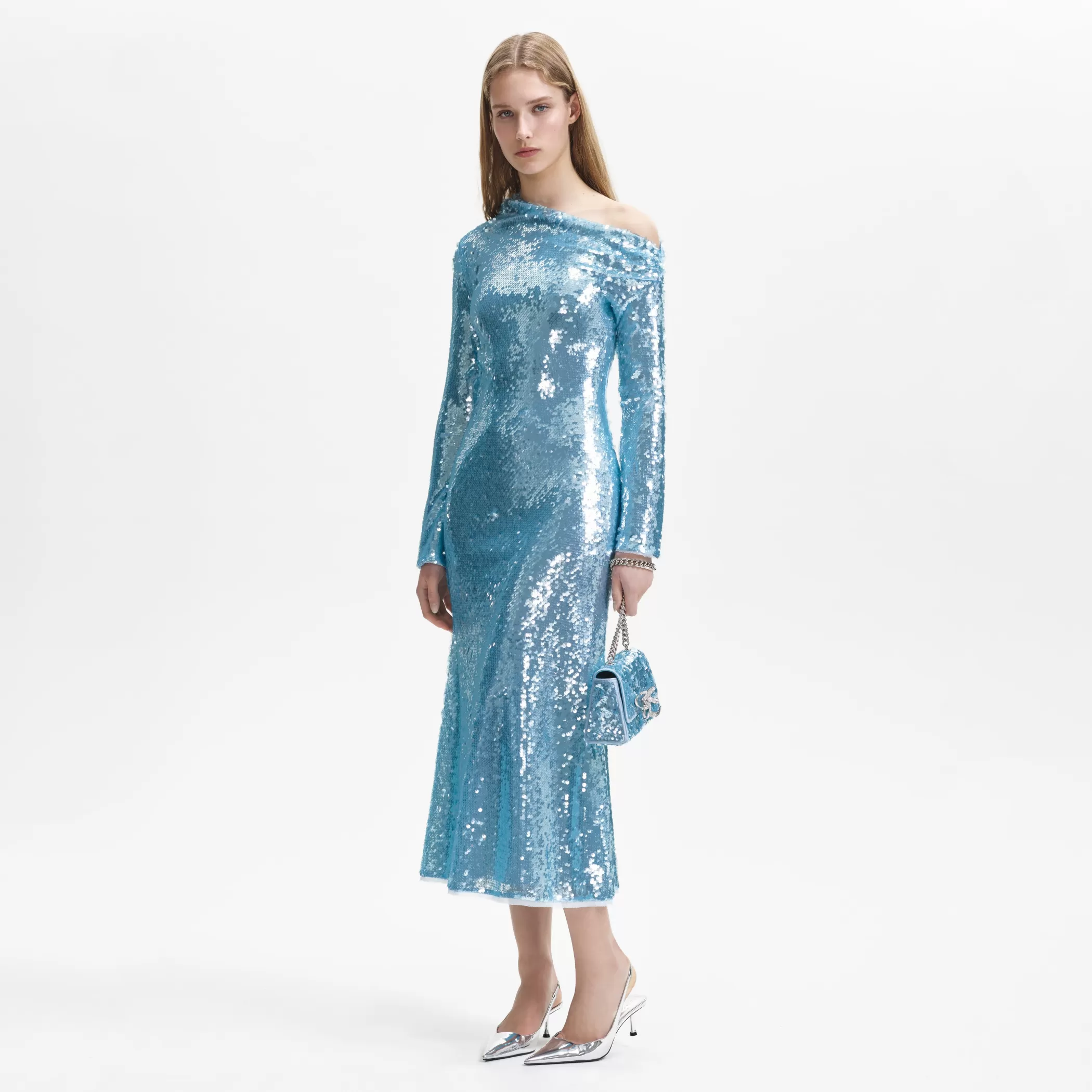 Self-Portrait > Blue Sequin Asymmetric Midi Dress