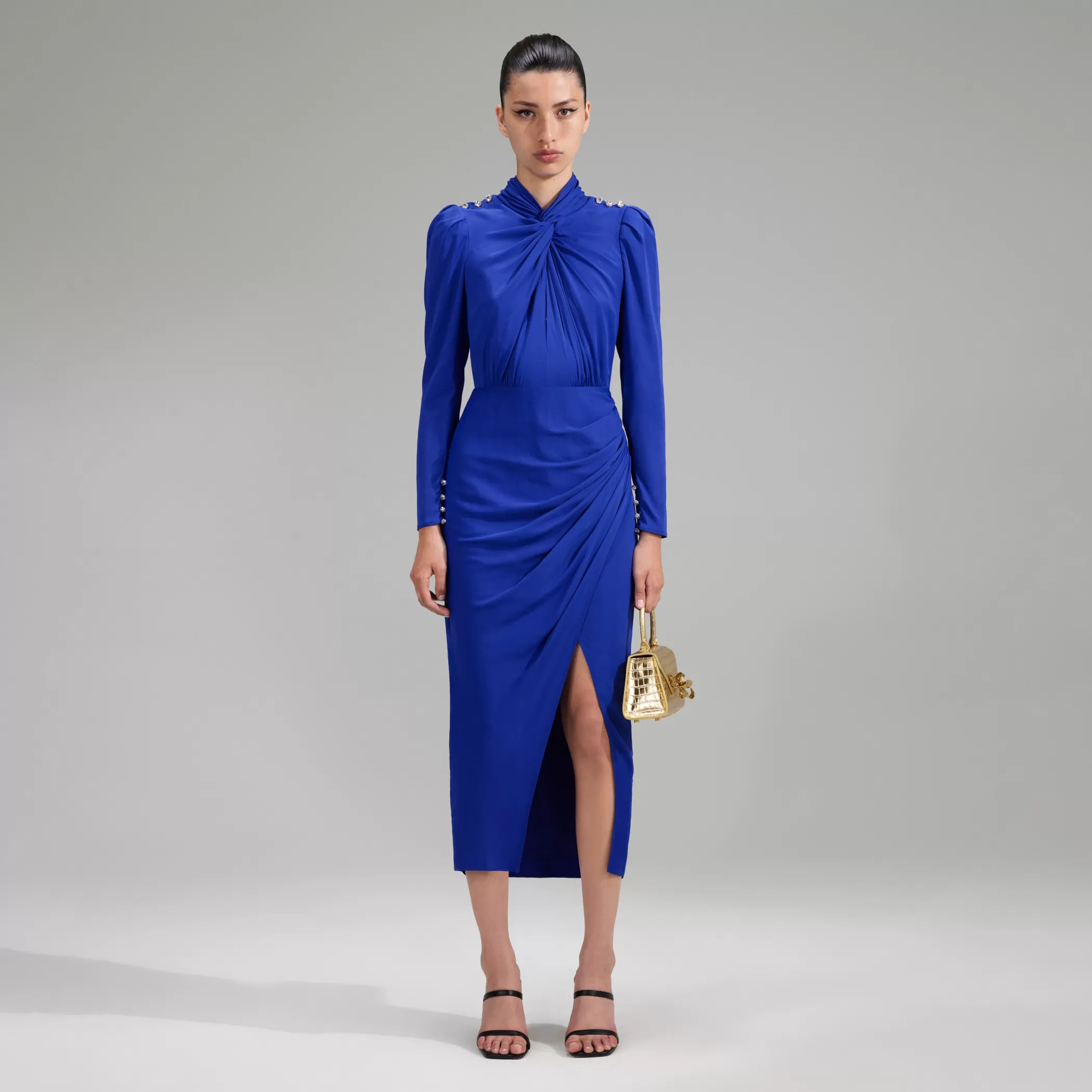 Self-Portrait > Blue Stretch Crepe Twisted Collar Midi Dress