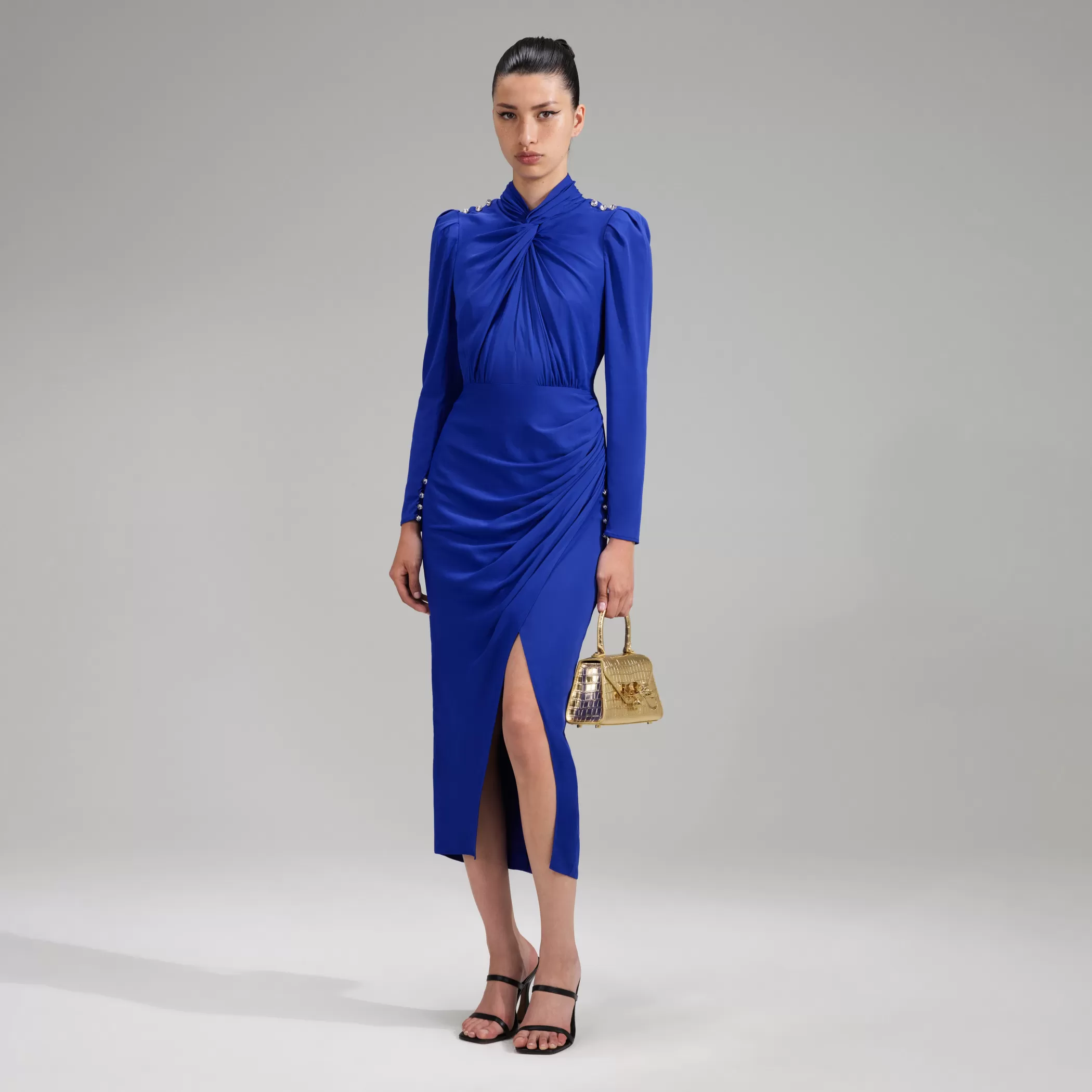 Self-Portrait > Blue Stretch Crepe Twisted Collar Midi Dress