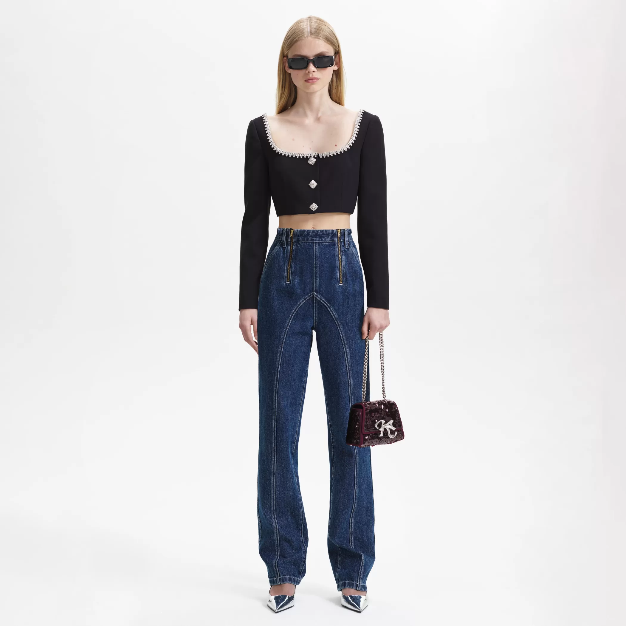 Self-Portrait > Blue Wide Leg Stitch Detail Jeans