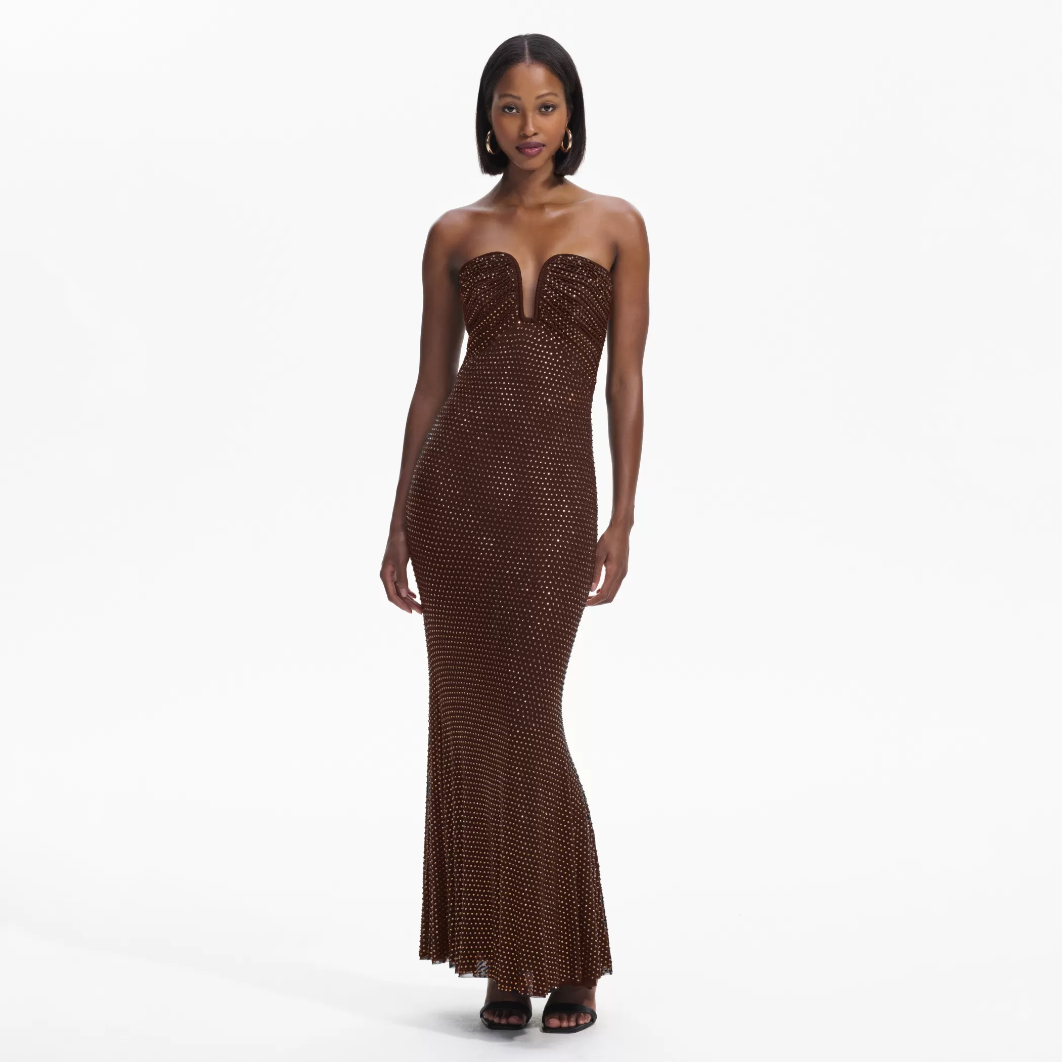 Self-Portrait > Brown Rhinestone Mesh Maxi Dress