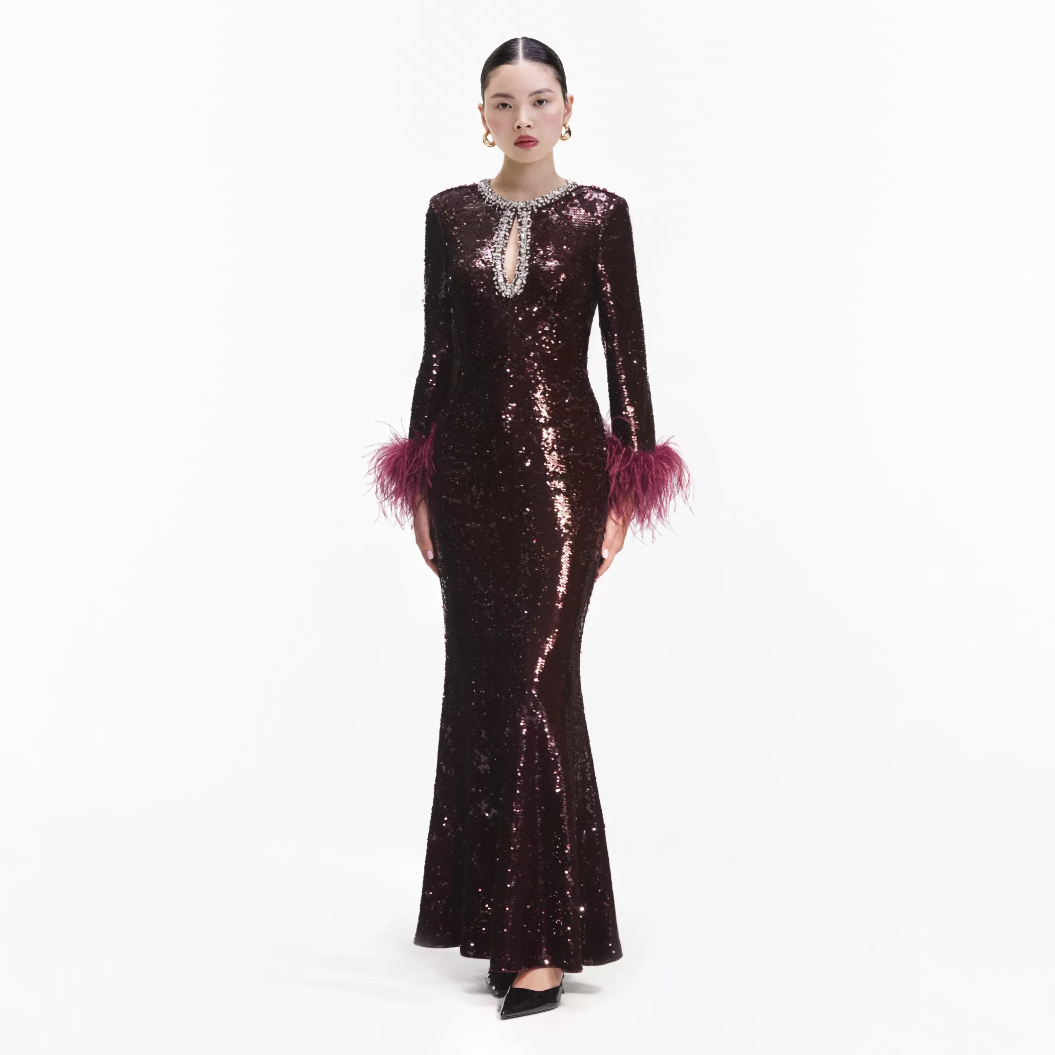 Self-Portrait > Burgundy Sequin Feather Maxi Dress