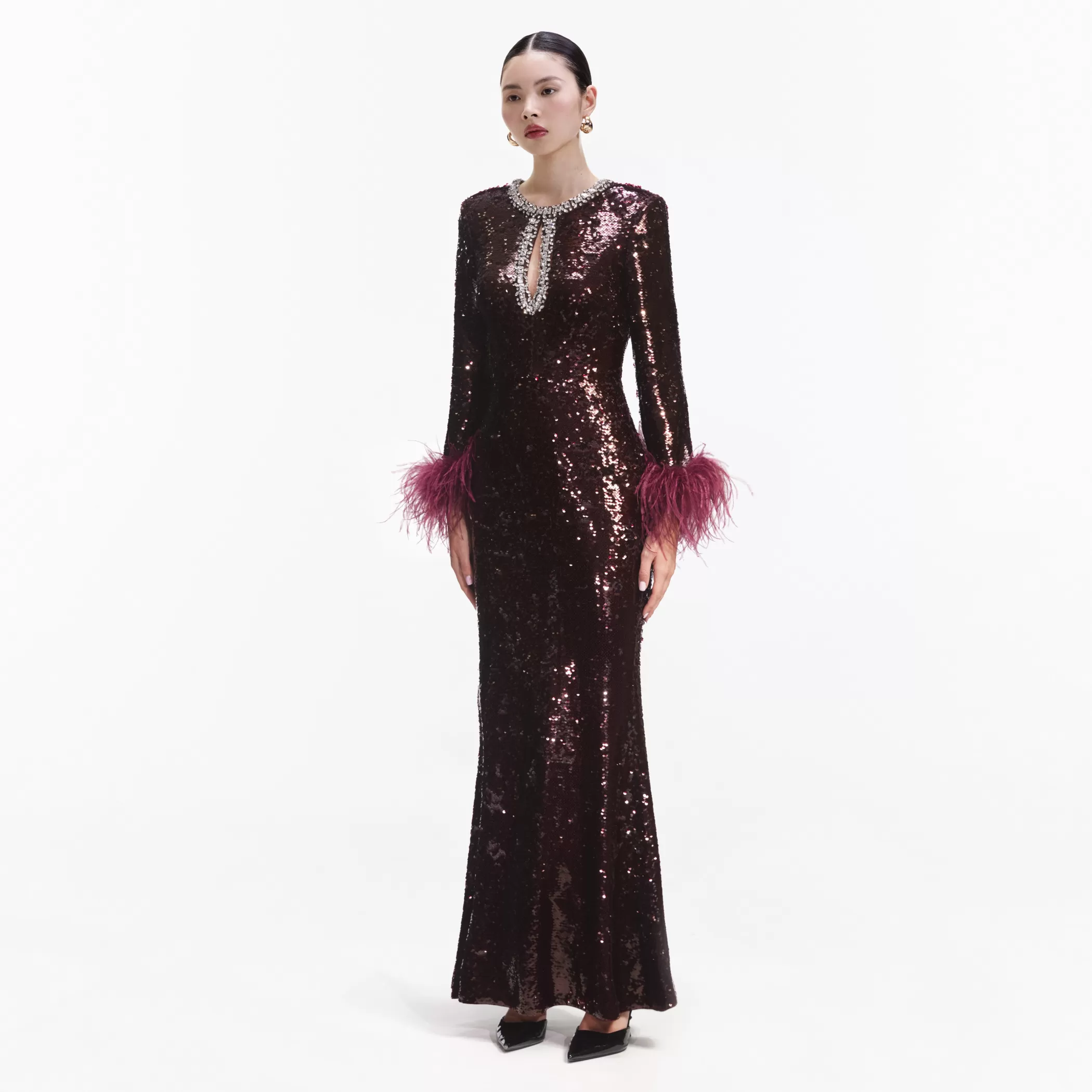 Self-Portrait > Burgundy Sequin Feather Maxi Dress